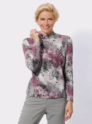 Stehkragenshirt im Animal-Dessin - steingrau-mauve-bedruckt