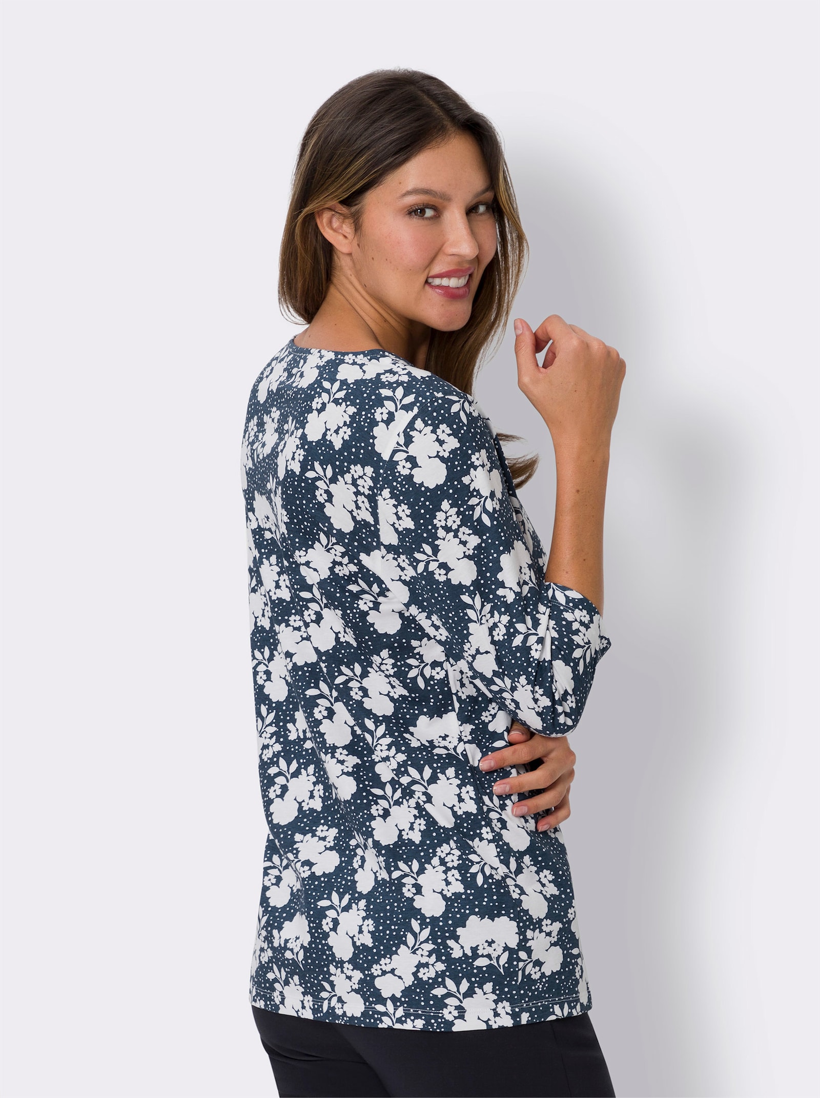 Tričko 2 v 1 delšího střihu - tmavěmodrá-ecru-potisk