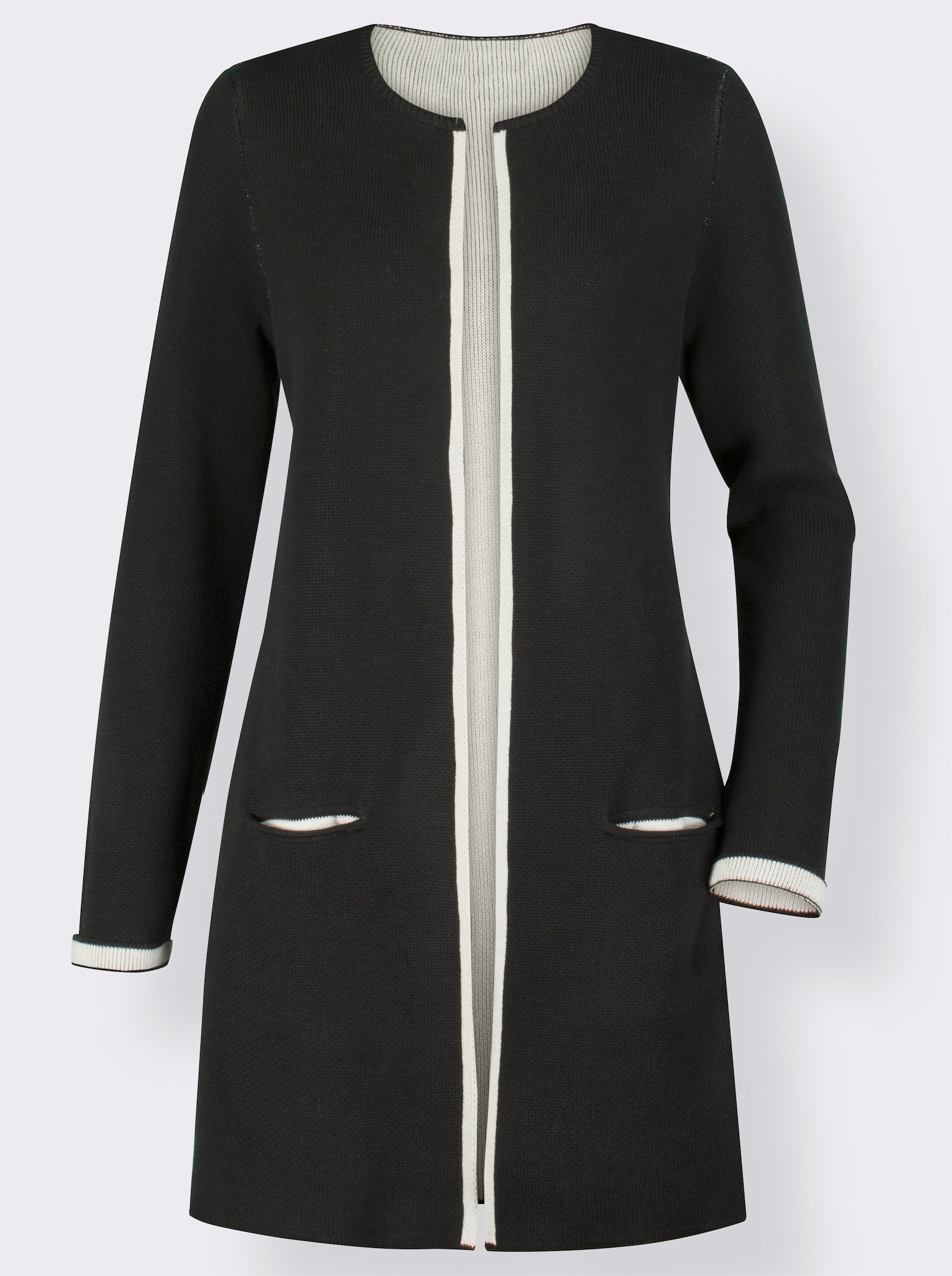 Strickjacke mit fixiertem Ärmelaufschlag - schwarz-ecru