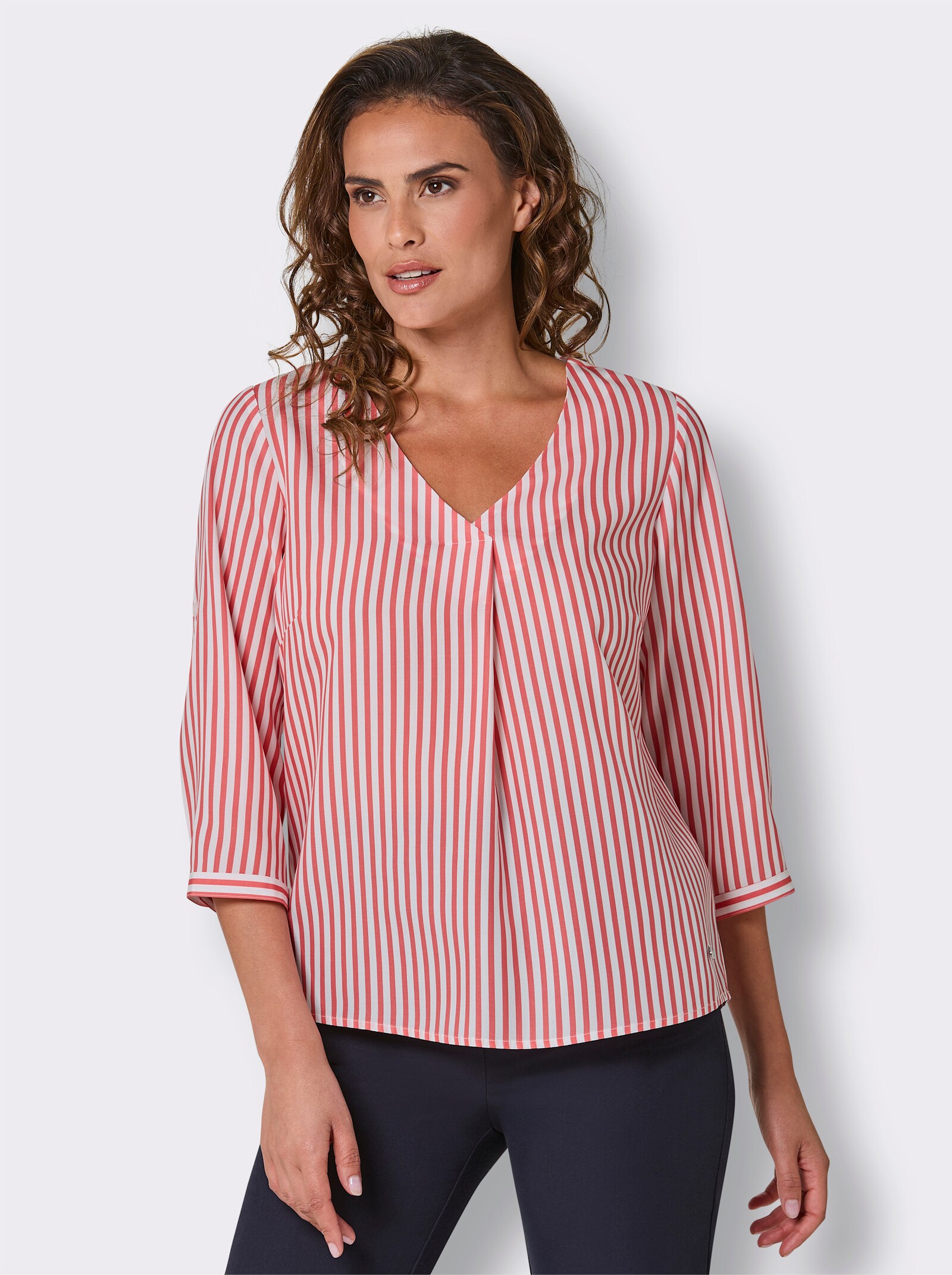 CREATION L PREMIUM Gestreifte Bluse mit Krempelärmel - grapefruit-ecru-gestreift