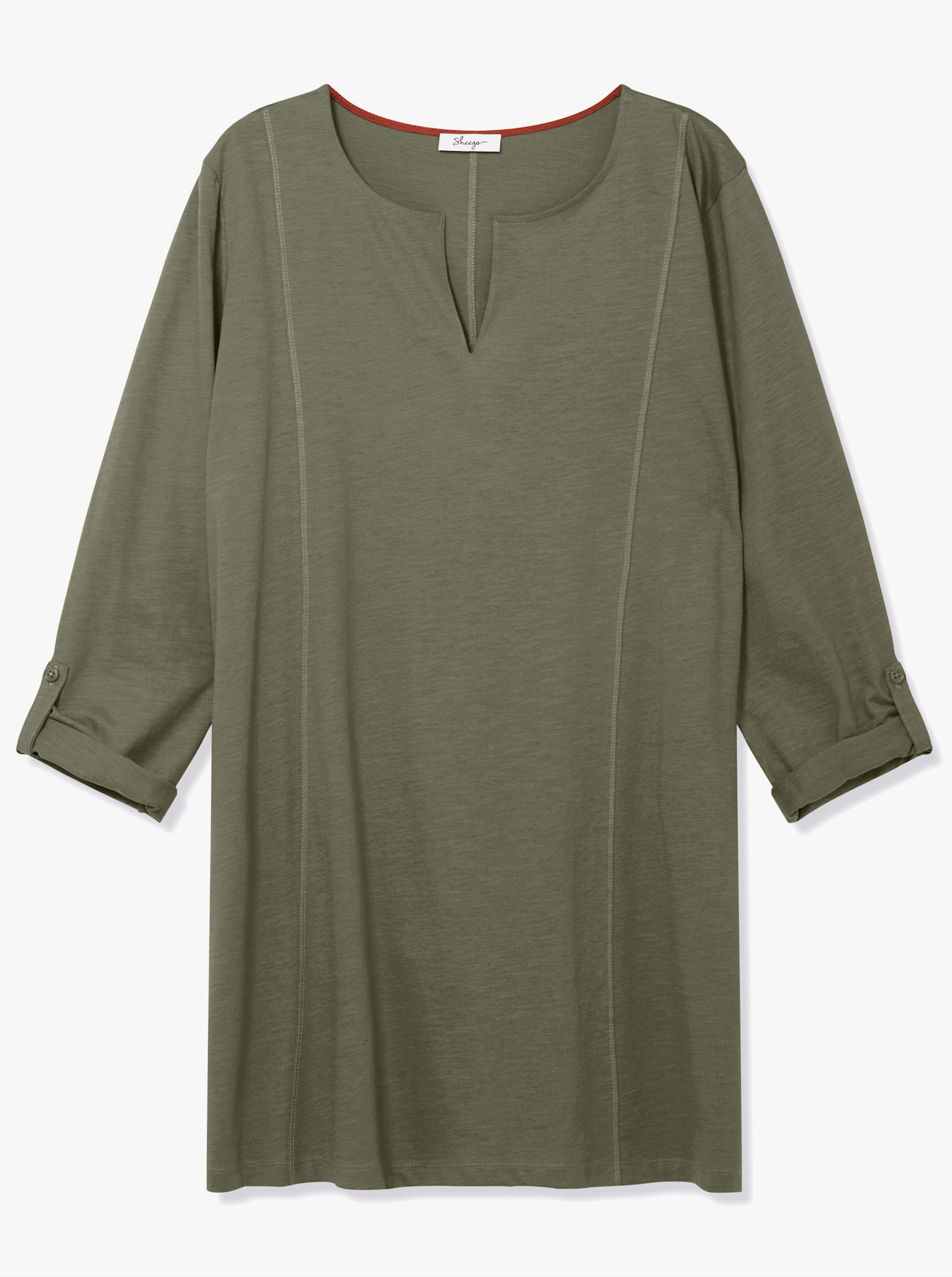 sheego Lang shirt met V-split en opstroopbare mouw - kaki