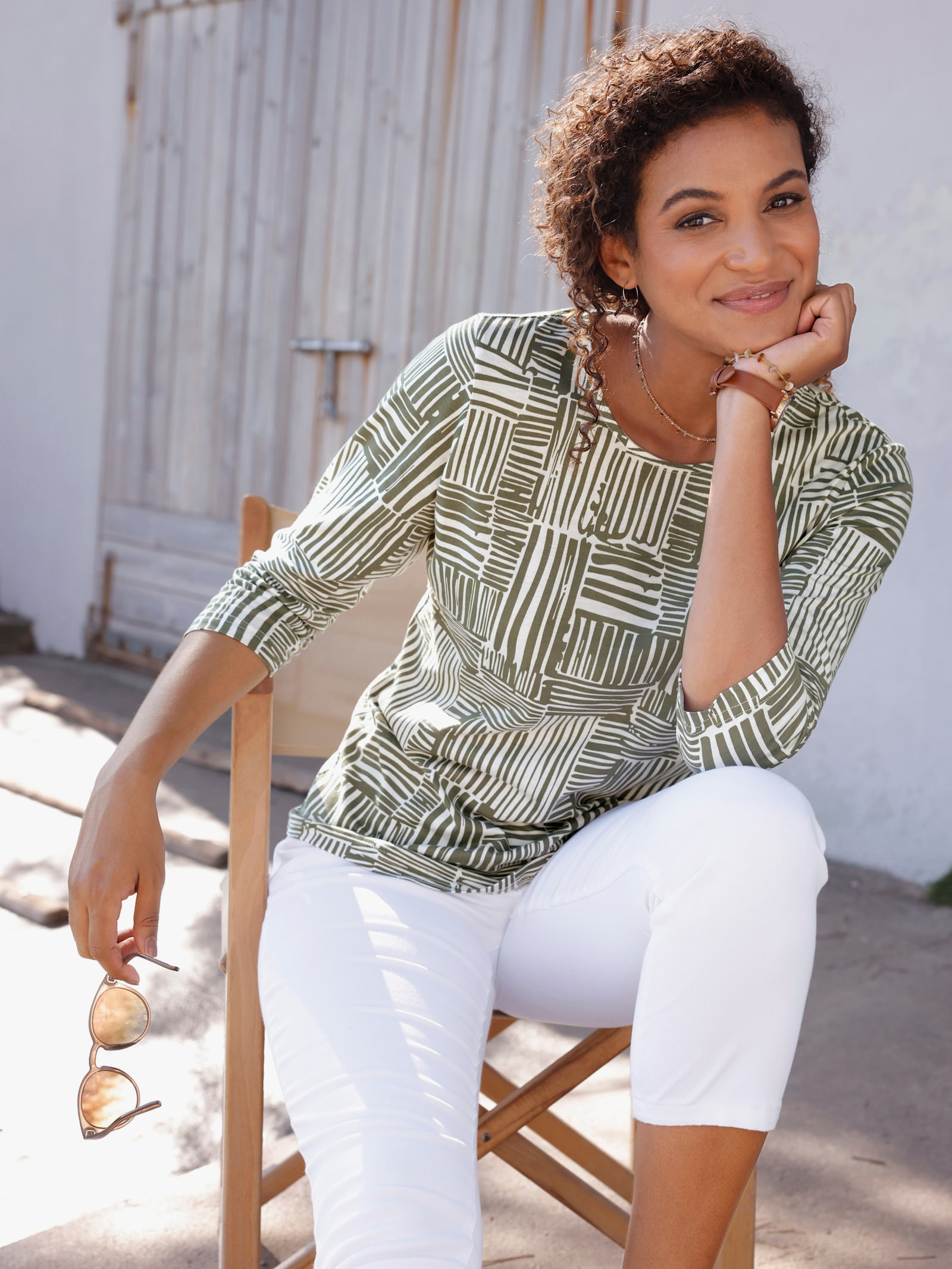 Print-Shirt mit 3/4-Ärmeln - khaki-ecru-gemustert
