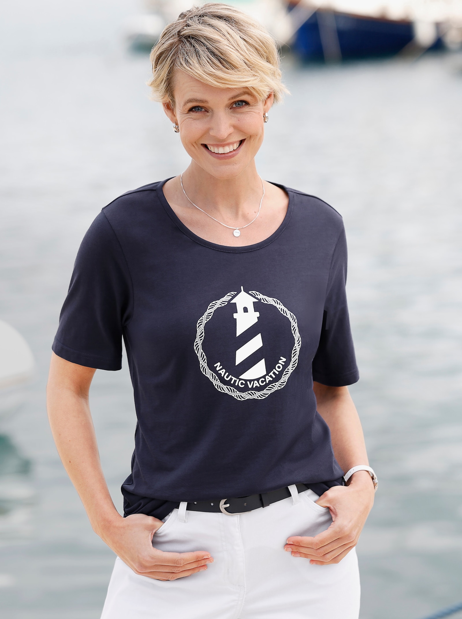 Shirt met korte mouwen en vuurtorenmotief - marine/wit