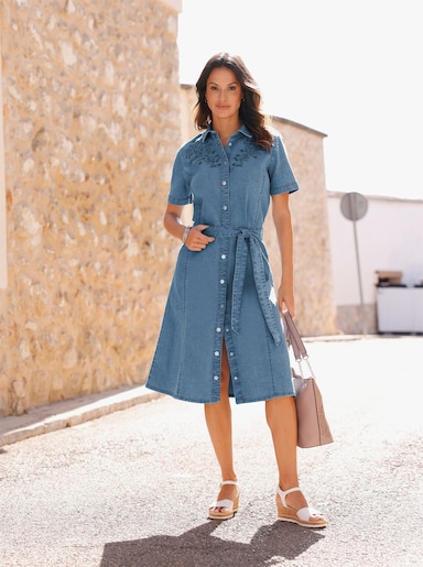 Jeanskleid mit floraler Stickerei - blue-bleached