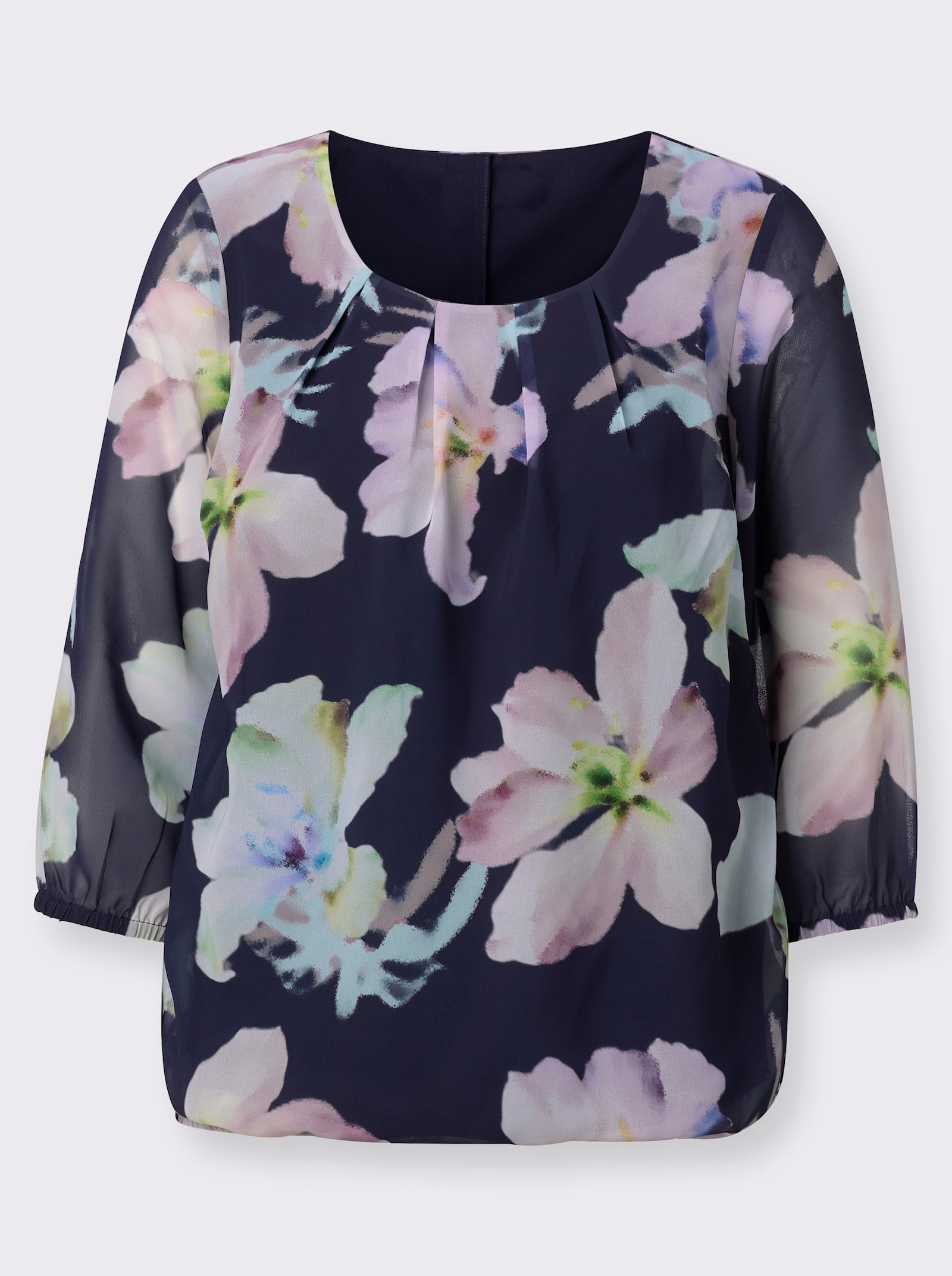 Georgettebluse mit elastischen Abschlüssen - marine-kalkmint-bedruckt