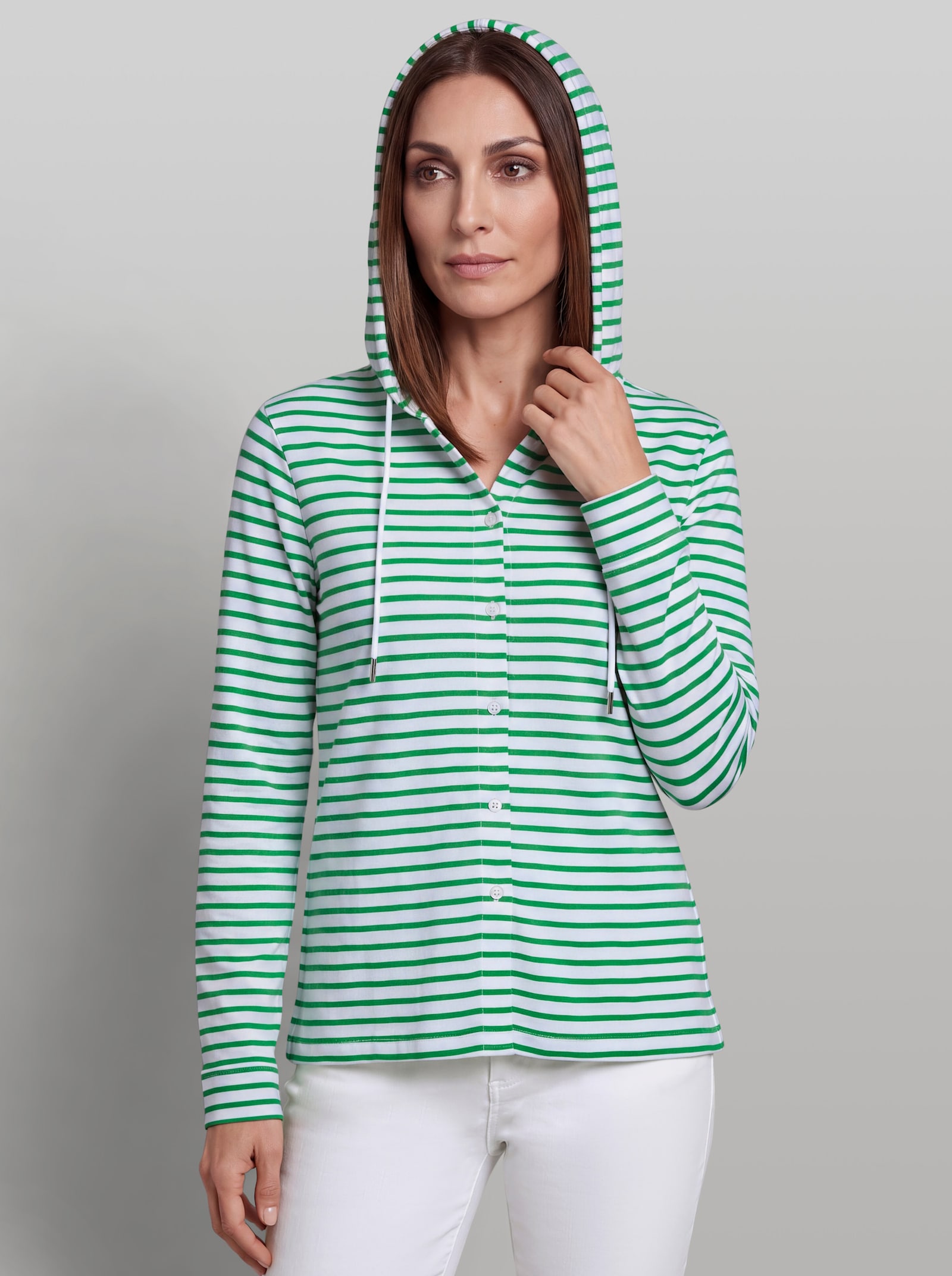heine Streifenshirt mit Kapuze - weiß-grasgrün-geringelt