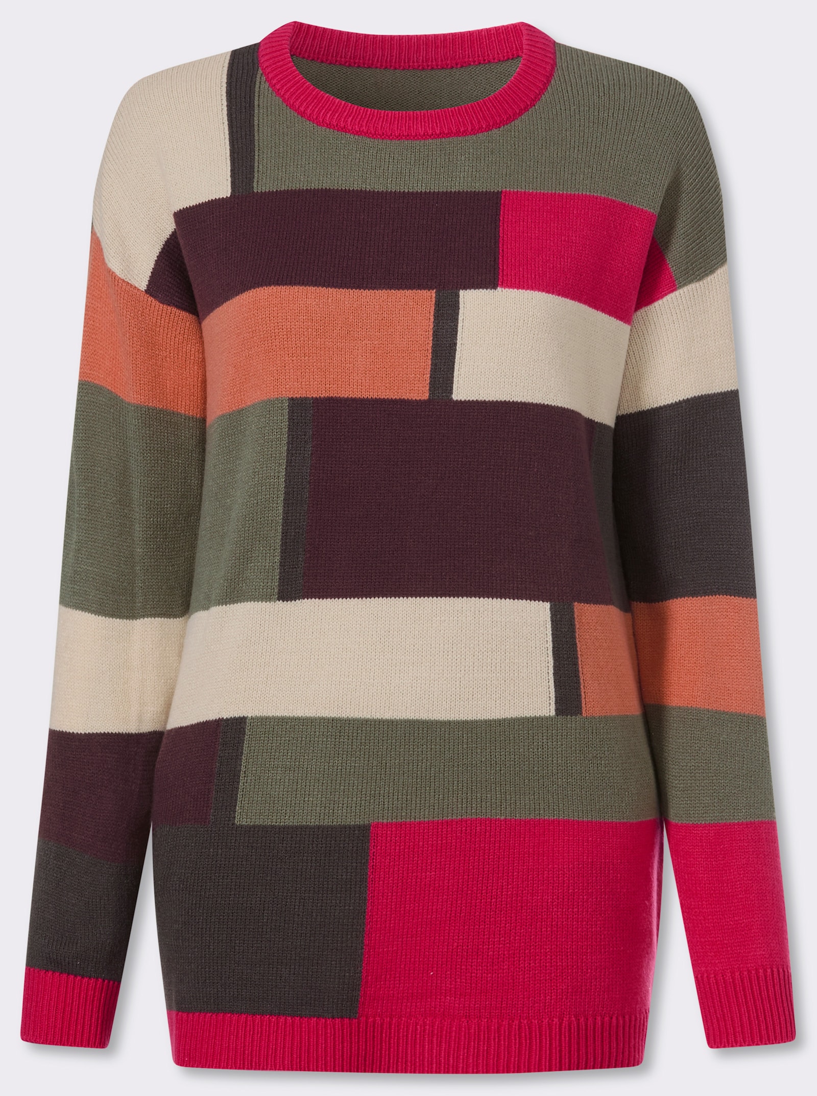 Longpullover mit Colour Blocking-Muster - khaki-pink-gemustert