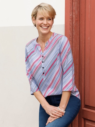 Schlupfbluse im Streifen-Dessin - ecru-marine-bedruckt