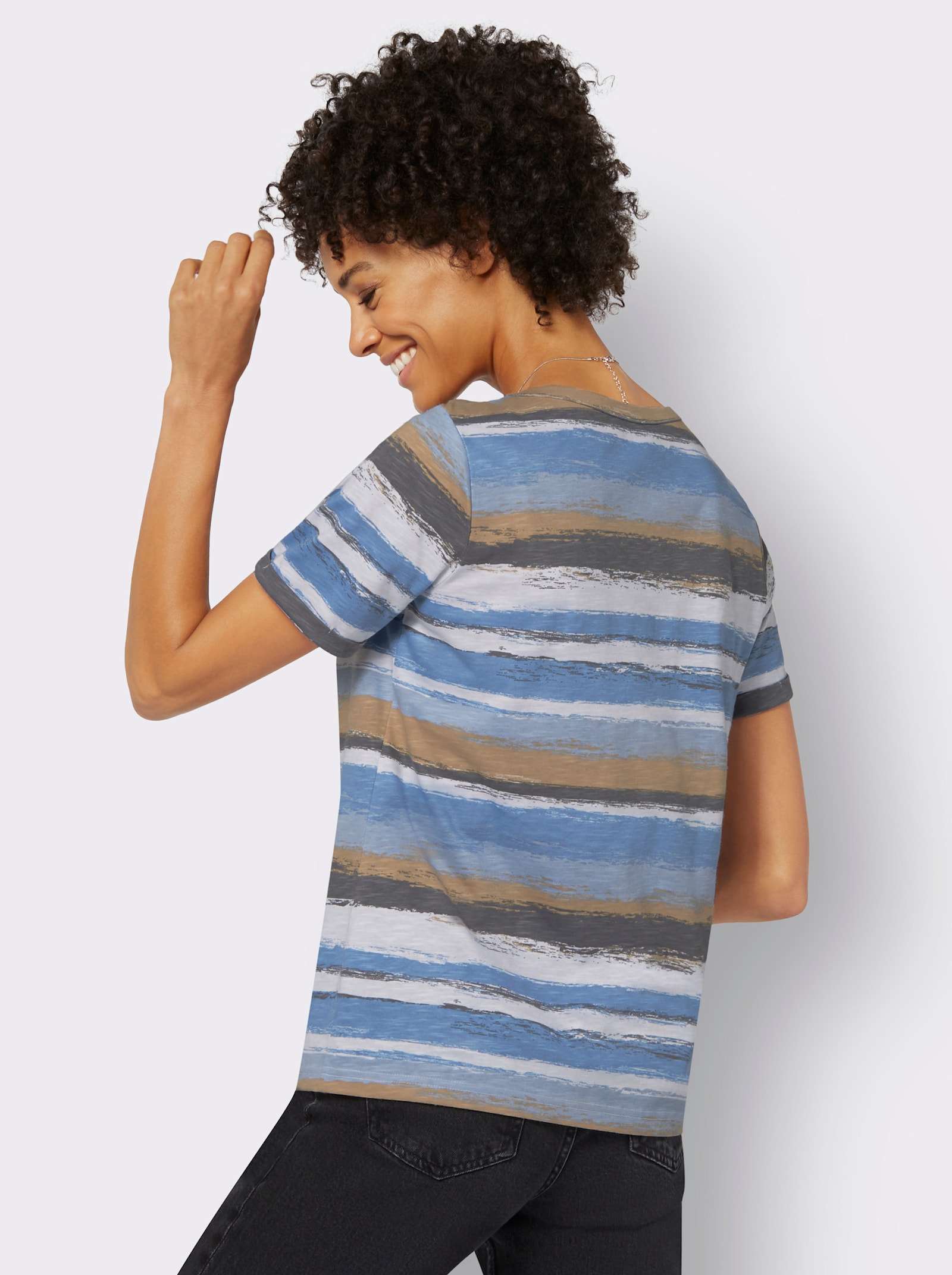 Streifenshirt mit Lederimitat-Details - mittelblau-camel-bedruckt