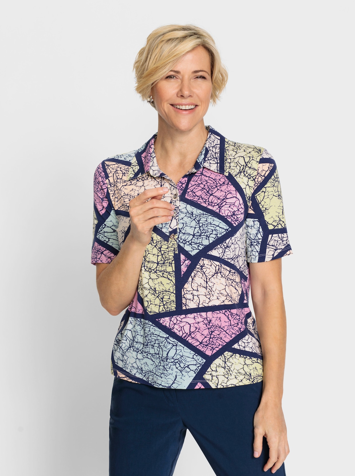 Poloshirt - marine/oudroze gedessineerd