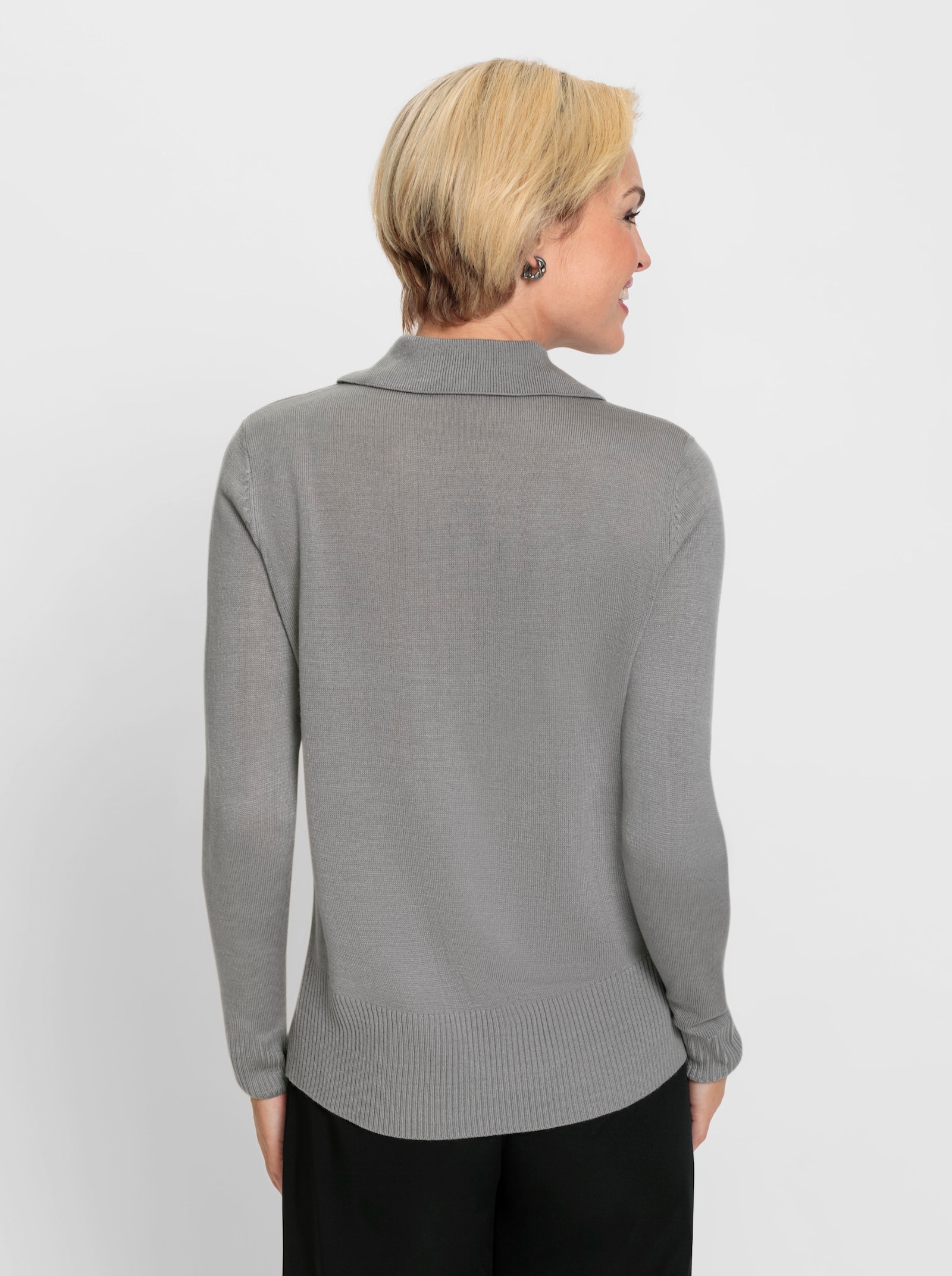 Langarm-Pullover mit Glitzersteinchen vorne - steingrau