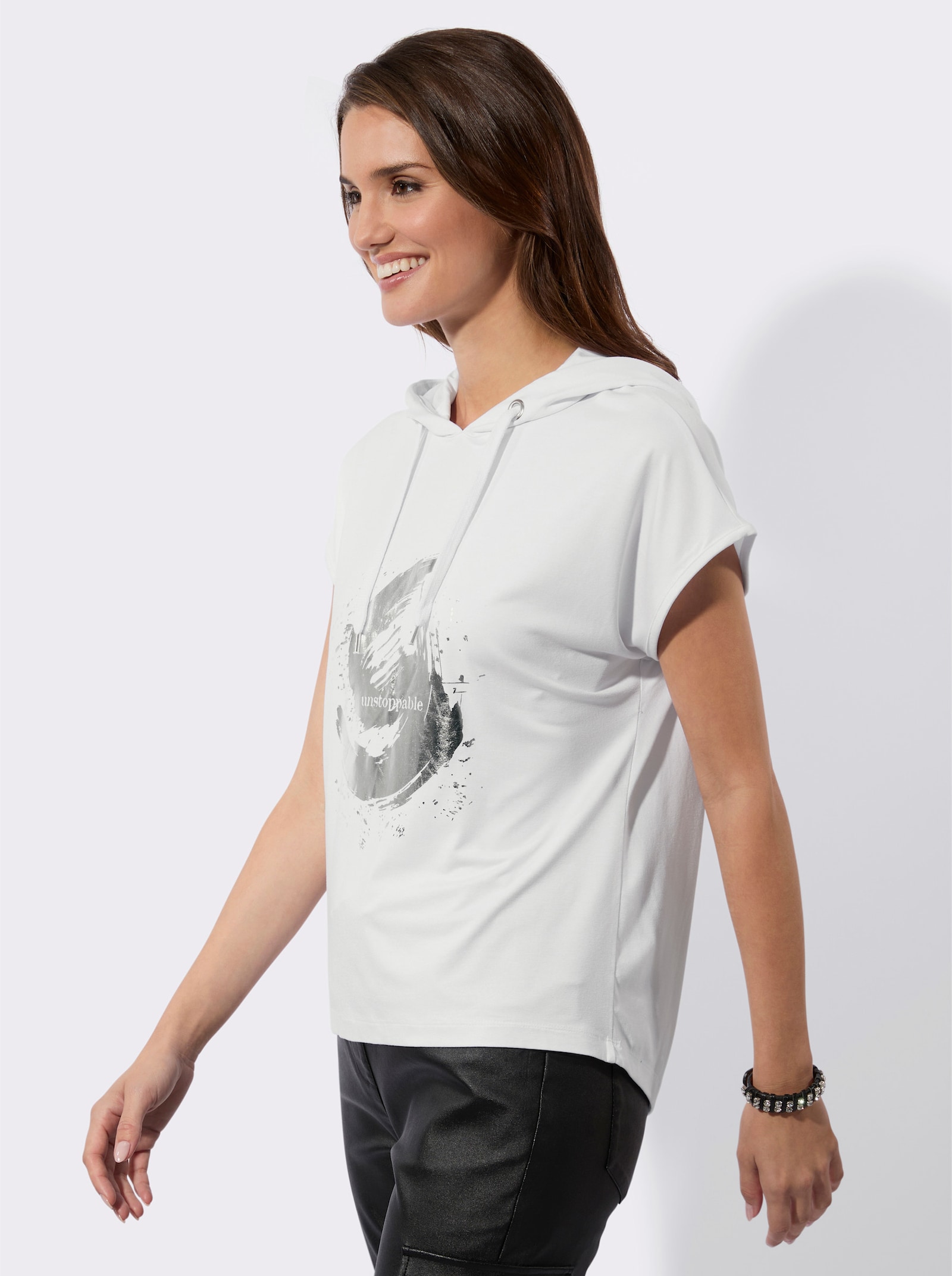 Shirt met capuchon en zilverkleurige print - wit