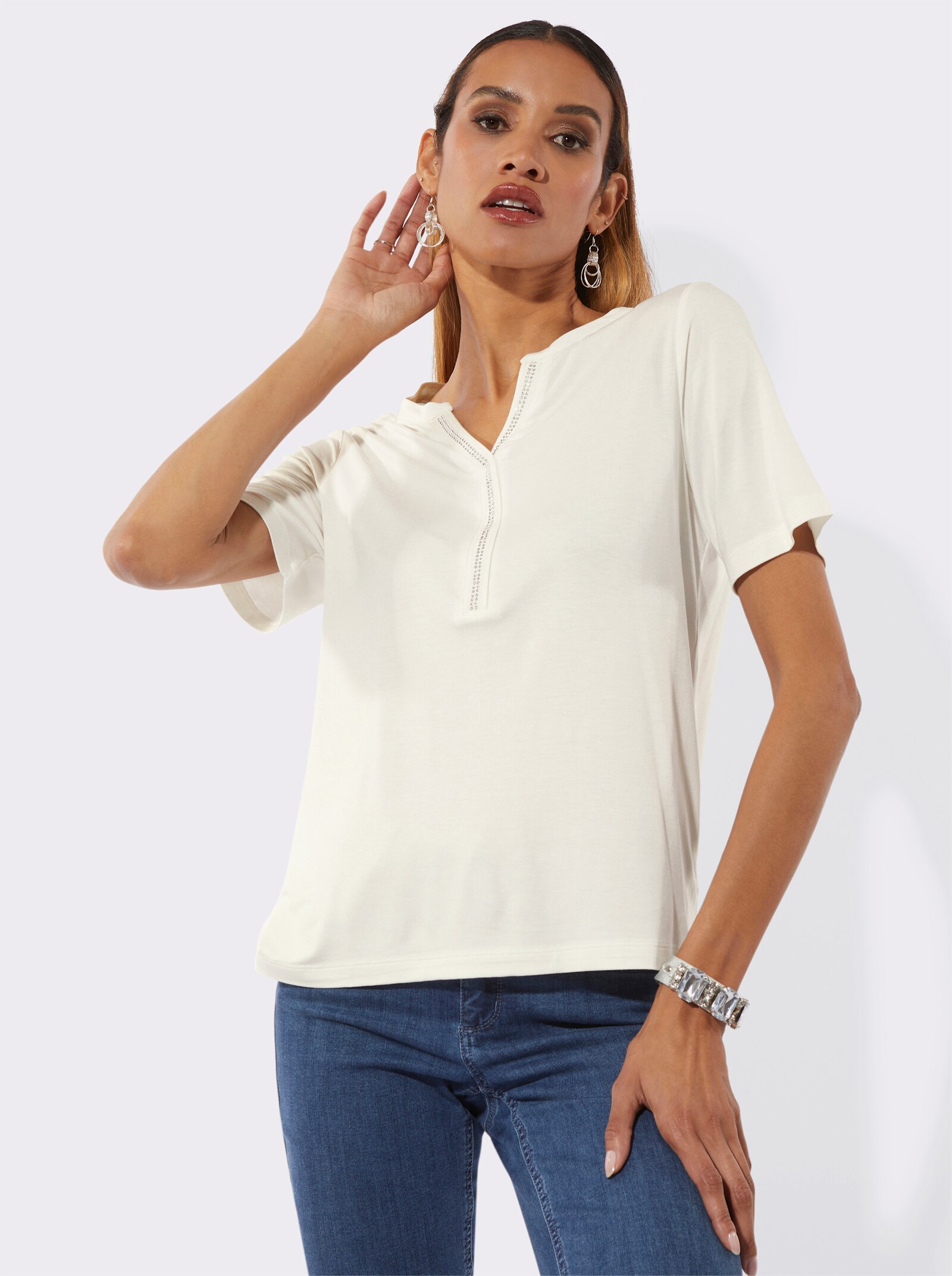 Kurzarmshirt mit Seitenschlitzen - ecru