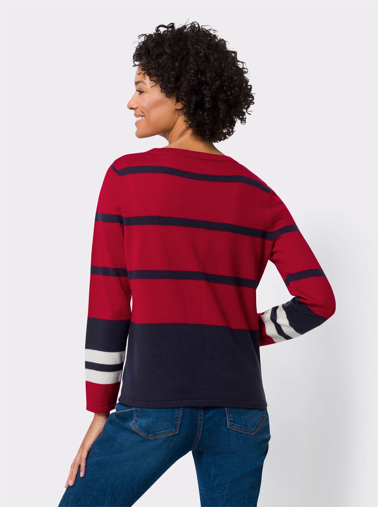 Pullover met ronde hals in streepdessin - rood/marine gedessineerd