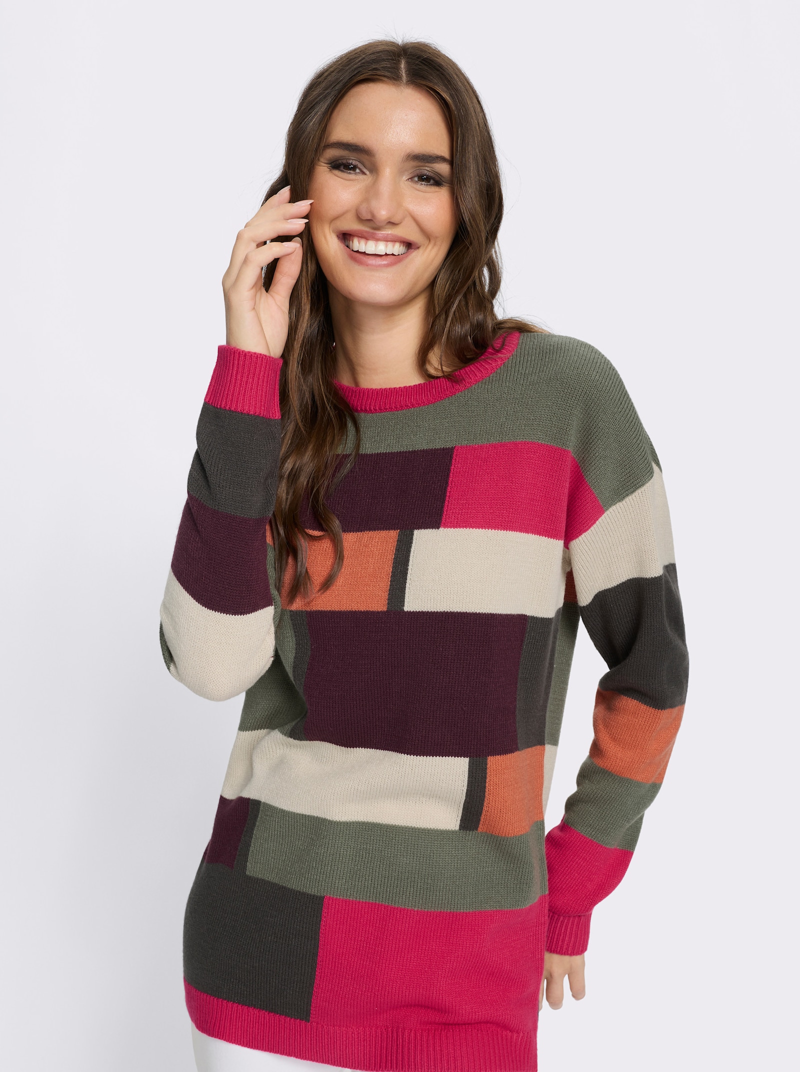 Longpullover mit Colour Blocking-Muster - khaki-pink-gemustert