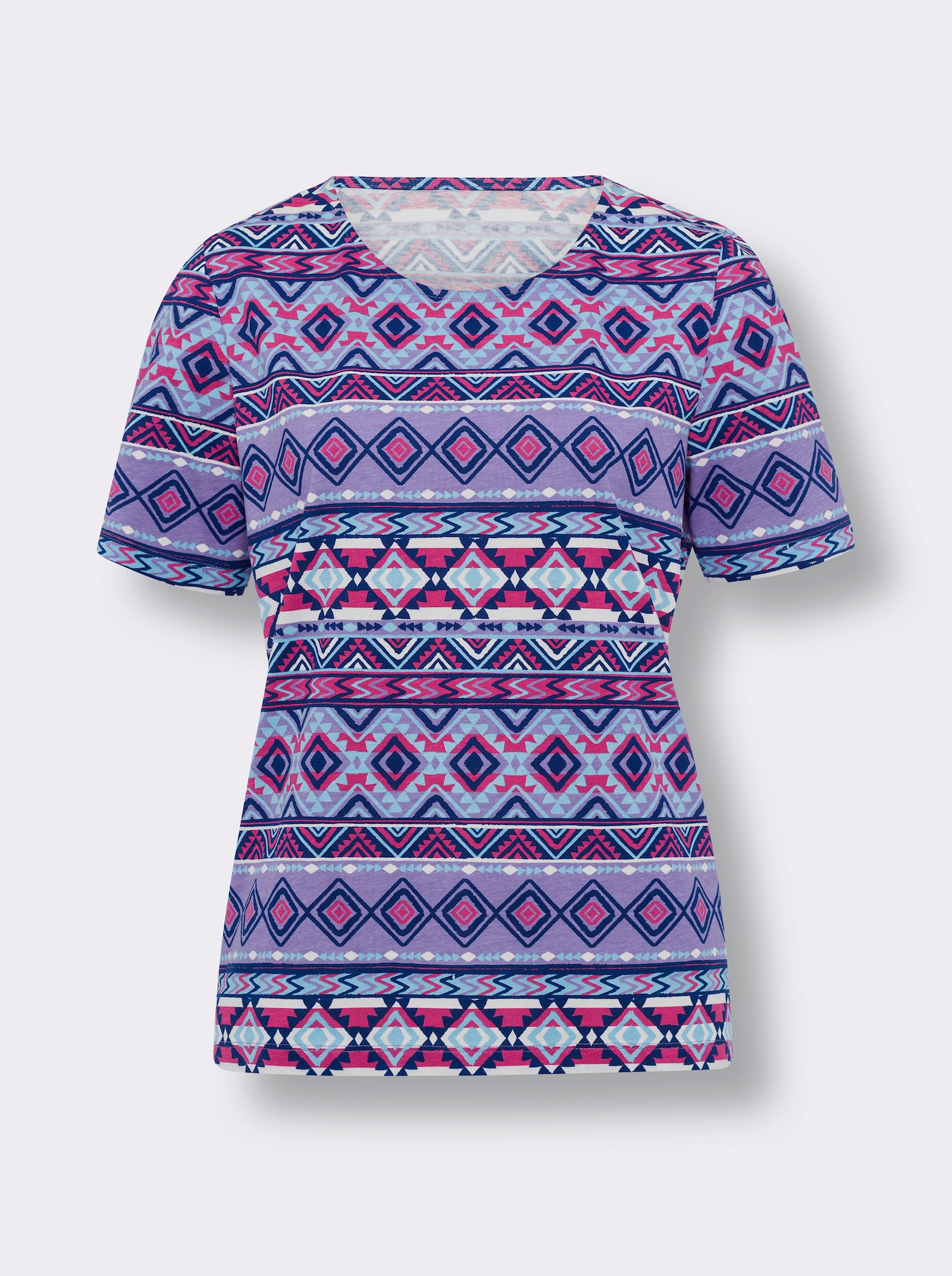 Kurzarmshirt mit Ethno-Muster, Baumwolle - aqua-fuchsia-bedruckt