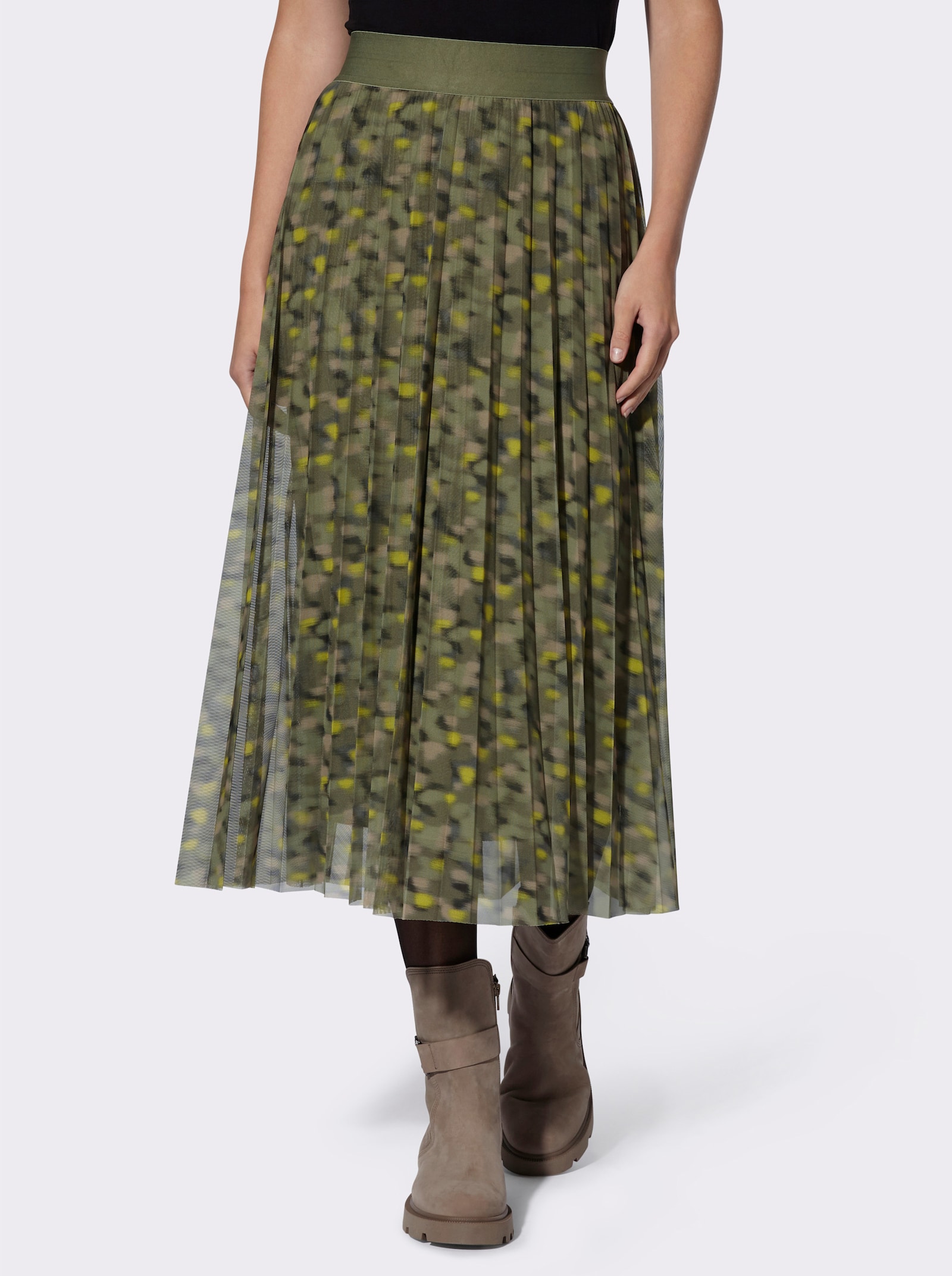 heine Plisseerock aus Meshware - khaki-beige-bedruckt