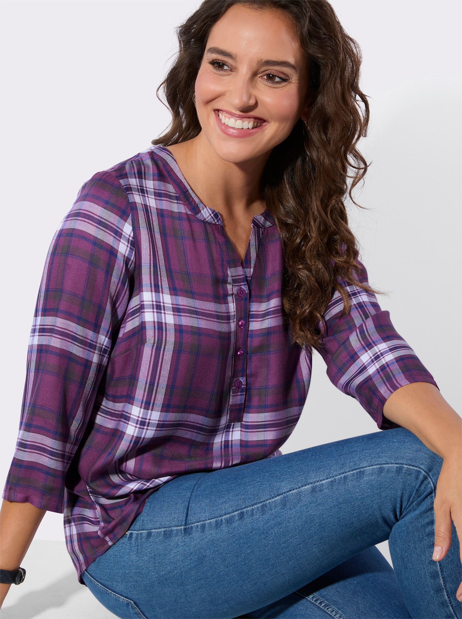 Karobluse im garngefärbten Dessin - violett-jeansblau-kariert