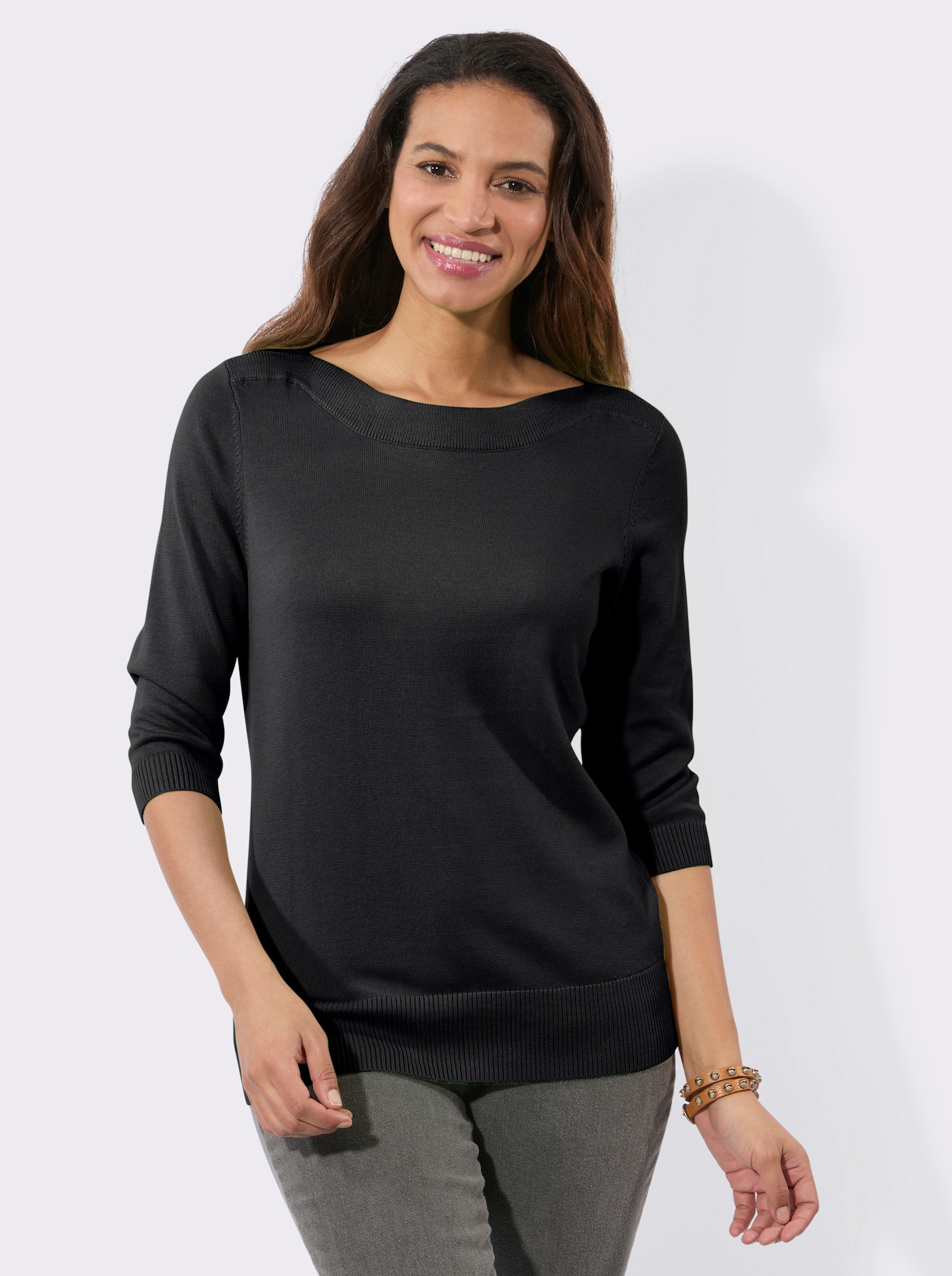 3/4 Arm-Pullover mit U-Boot-Ausschnitt - schwarz