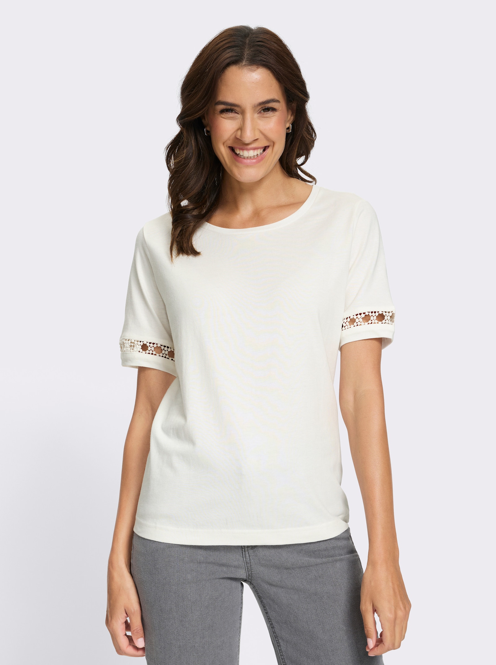 Kurzarmshirt mit Spitzenborte - ecru
