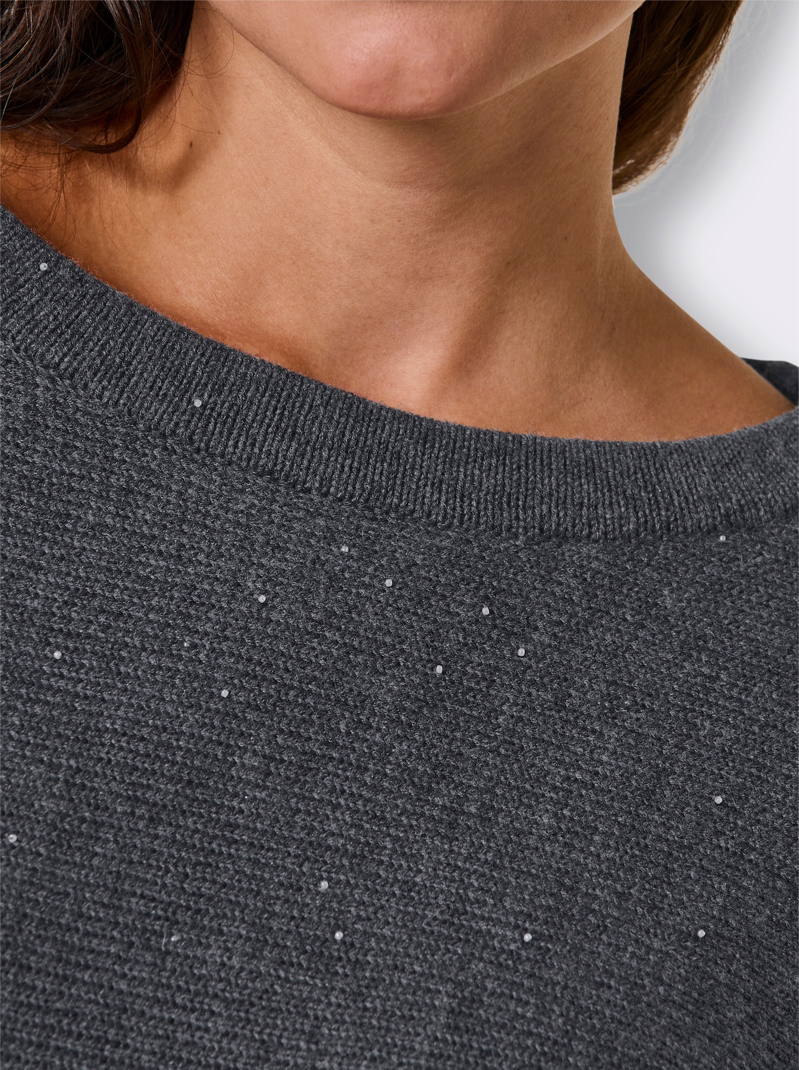 CREATION L PREMIUM Langarm-Pullover mit 10% Kaschmir und Zierperlen - anthrazit