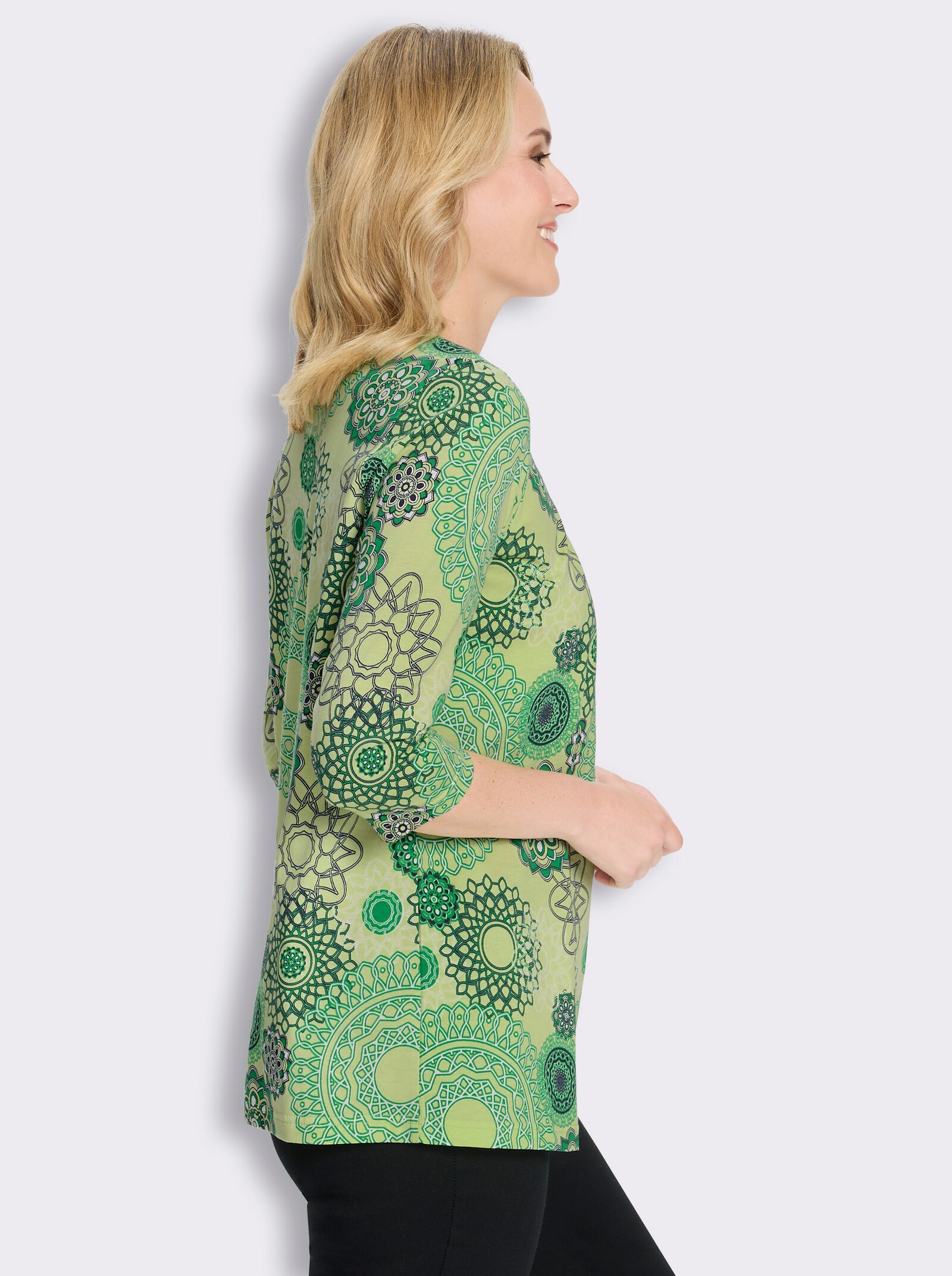 Longshirt mit Falten am Ausschnitt - pistazie-grasgrün-bedruckt