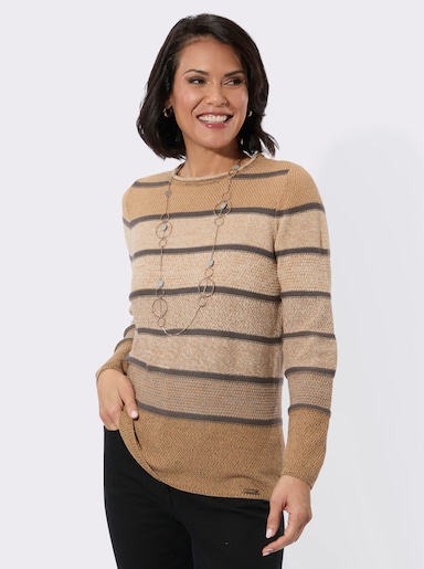 Rundhalspullover mit Ringeln - camel-steingrau-geringelt