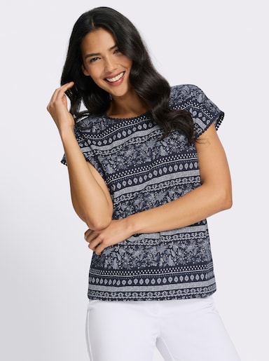 Kurzarmshirt mit überschnittenen Schultern - marine-taubenblau-bedruckt