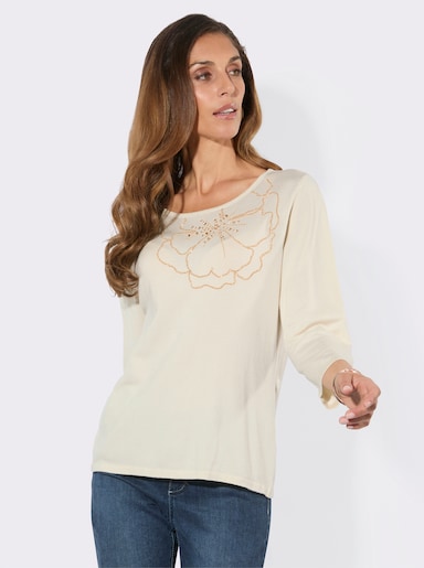 Feinstrickpullover mit Blütenmotiv - champagner