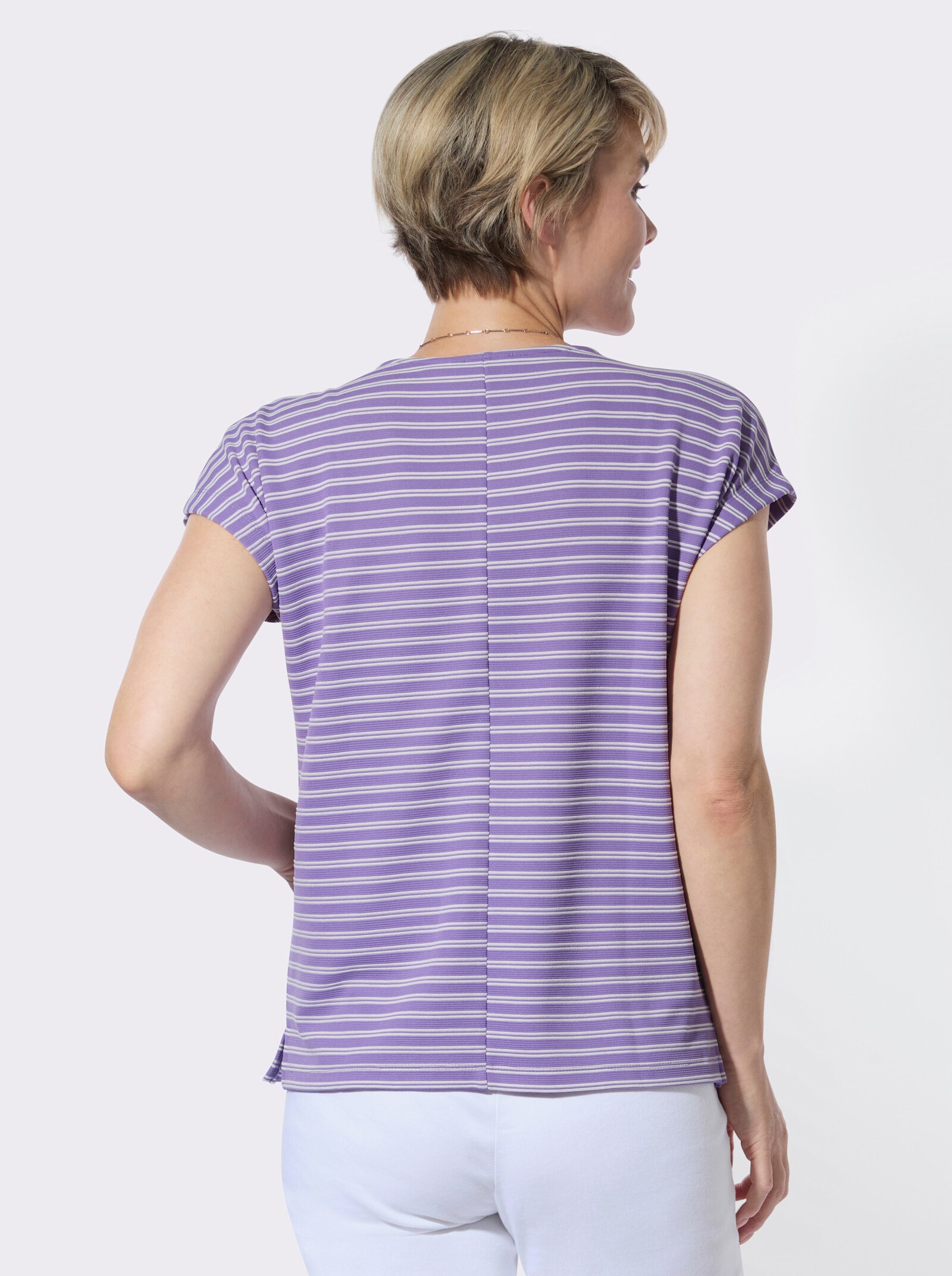 Rundhalsshirt mit zweifarbigem Jacquardmuster - flieder-ecru-geringelt