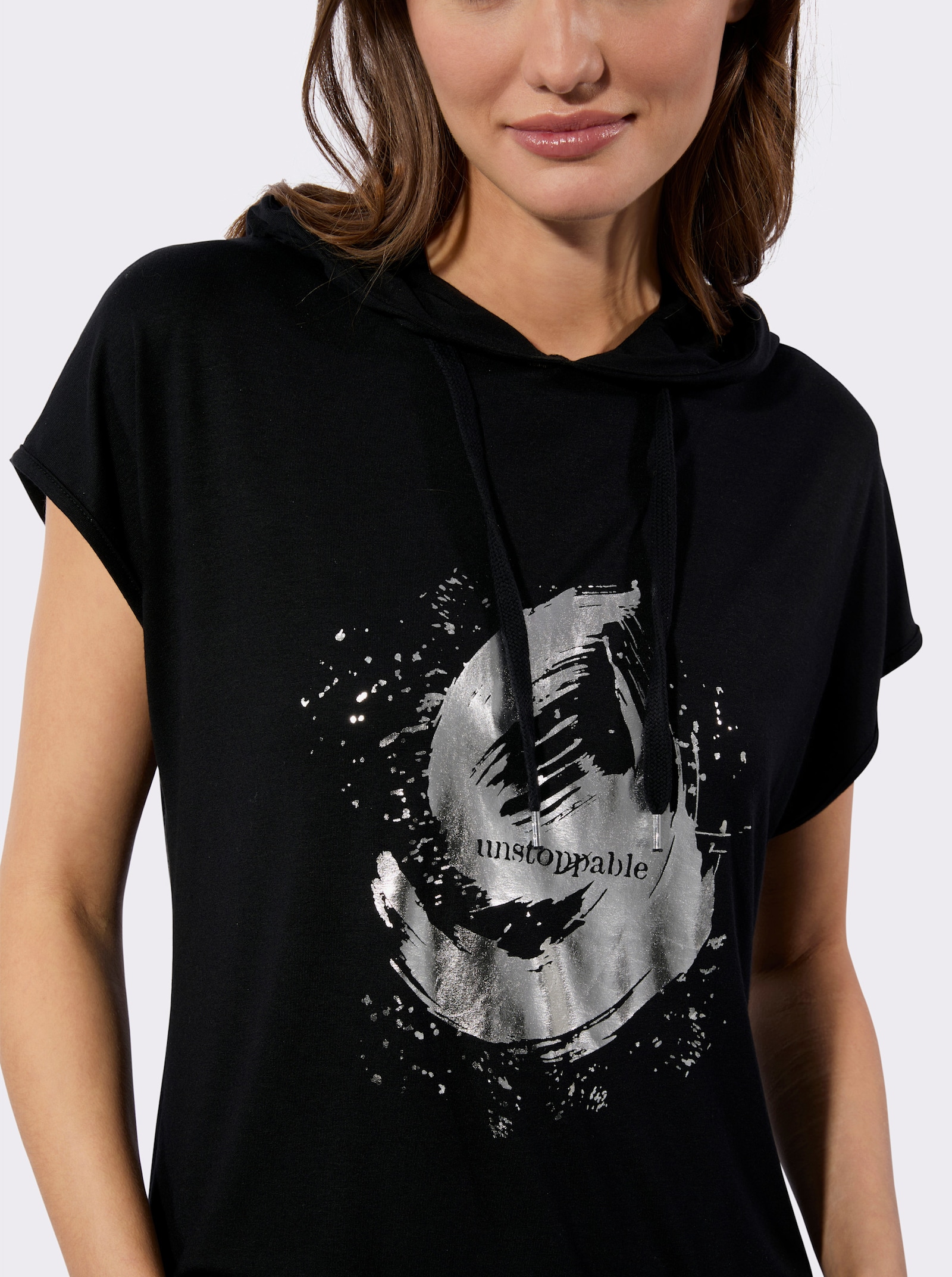 Shirt met capuchon en zilverkleurige print - zwart