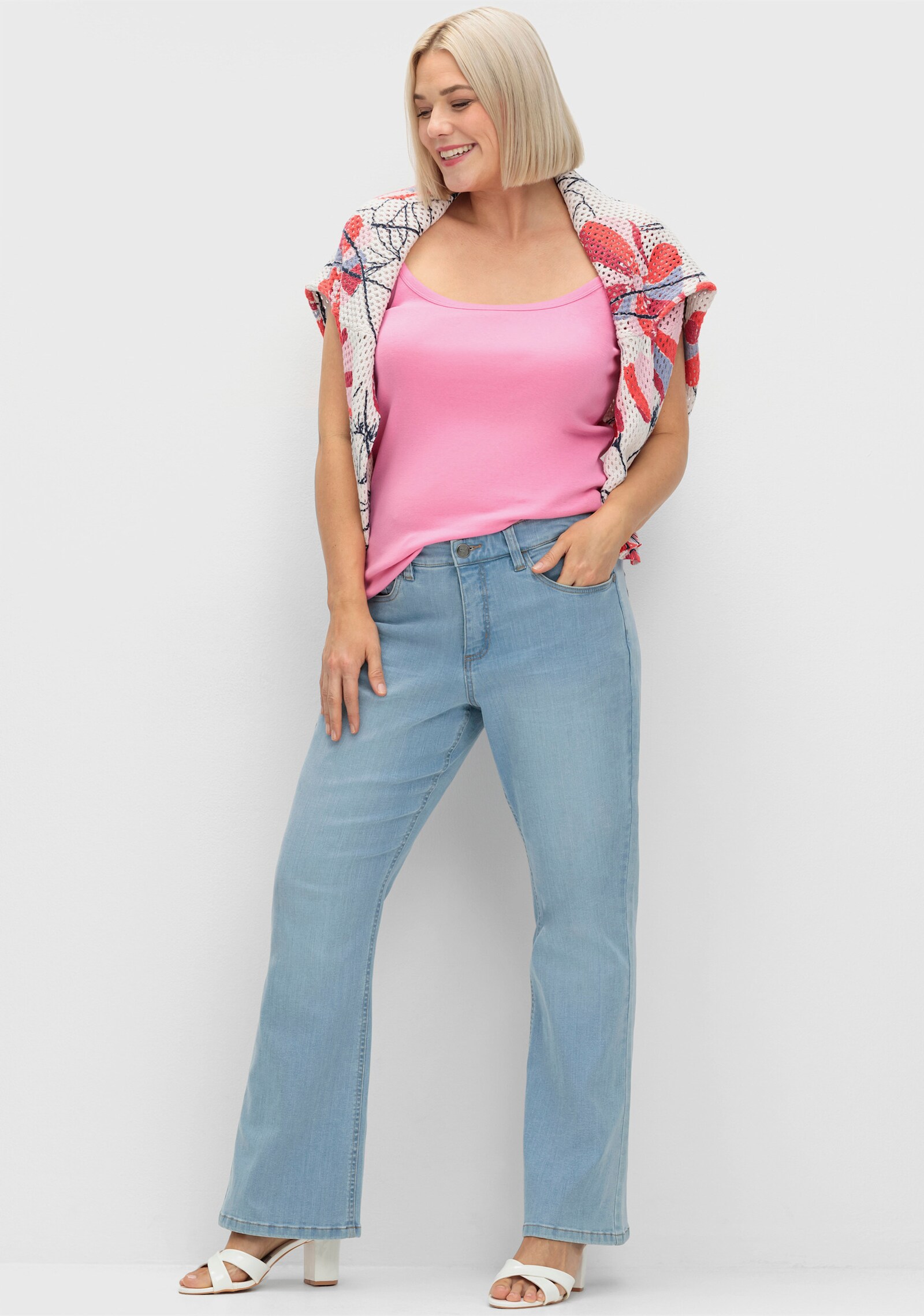 sheego Débardeur spaghetti en qualité côtelée - fuchsia floral