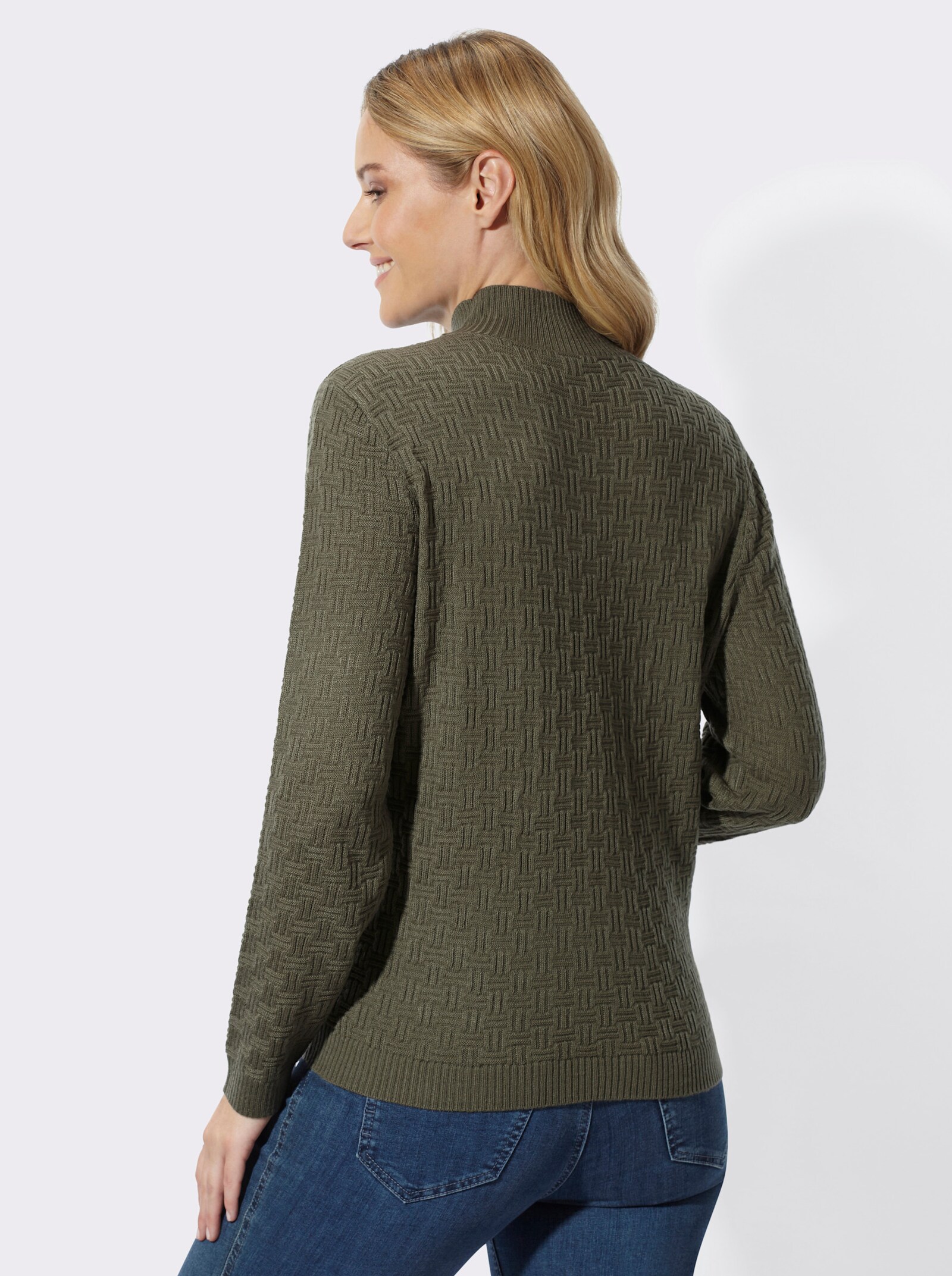 Stehkragenpullover mit Strickmuster - khaki