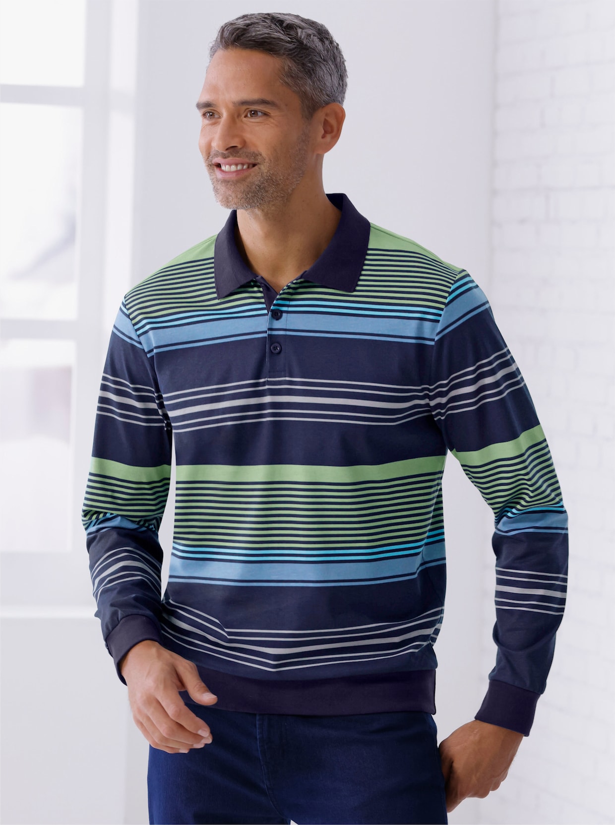 Poloshirt met lange mouwen - marine/eucalyptus gestreept