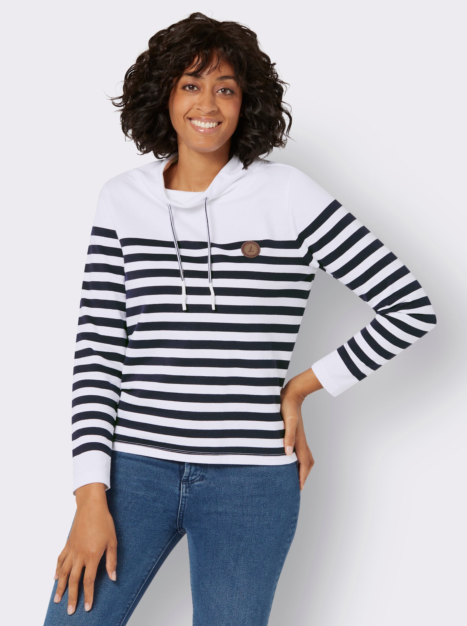 Sweatshirt mit verlängertem Rückteil - weiss-marine-geringelt