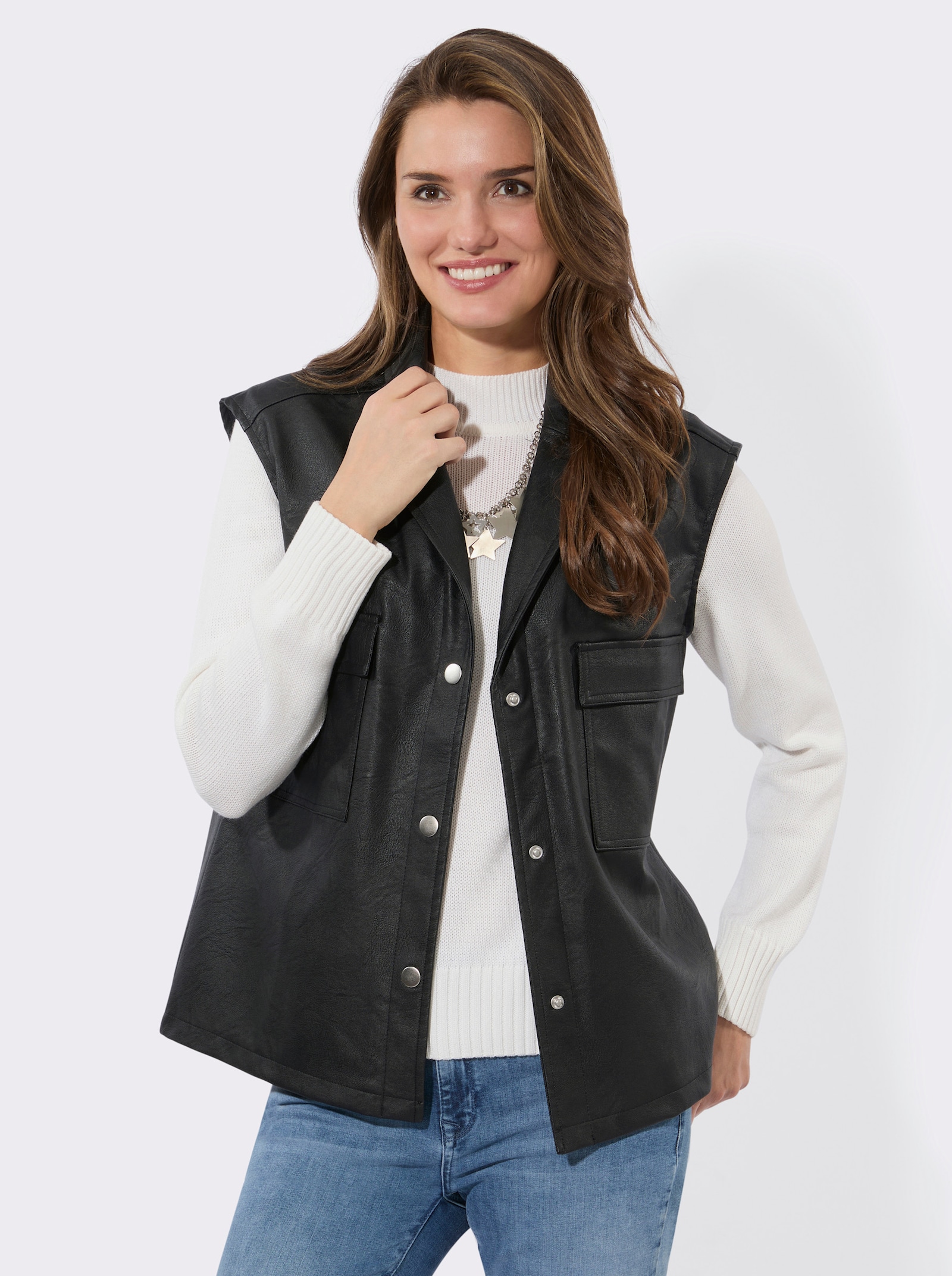 Lederimitatweste mit Druckknöpfen - schwarz
