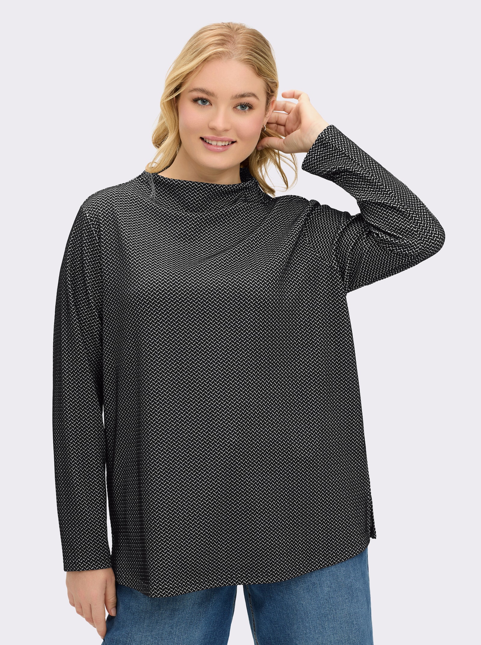 sheego Sweatshirt mit Fischgrät-Jacquardmuster - schwarz-ecru-gemustert