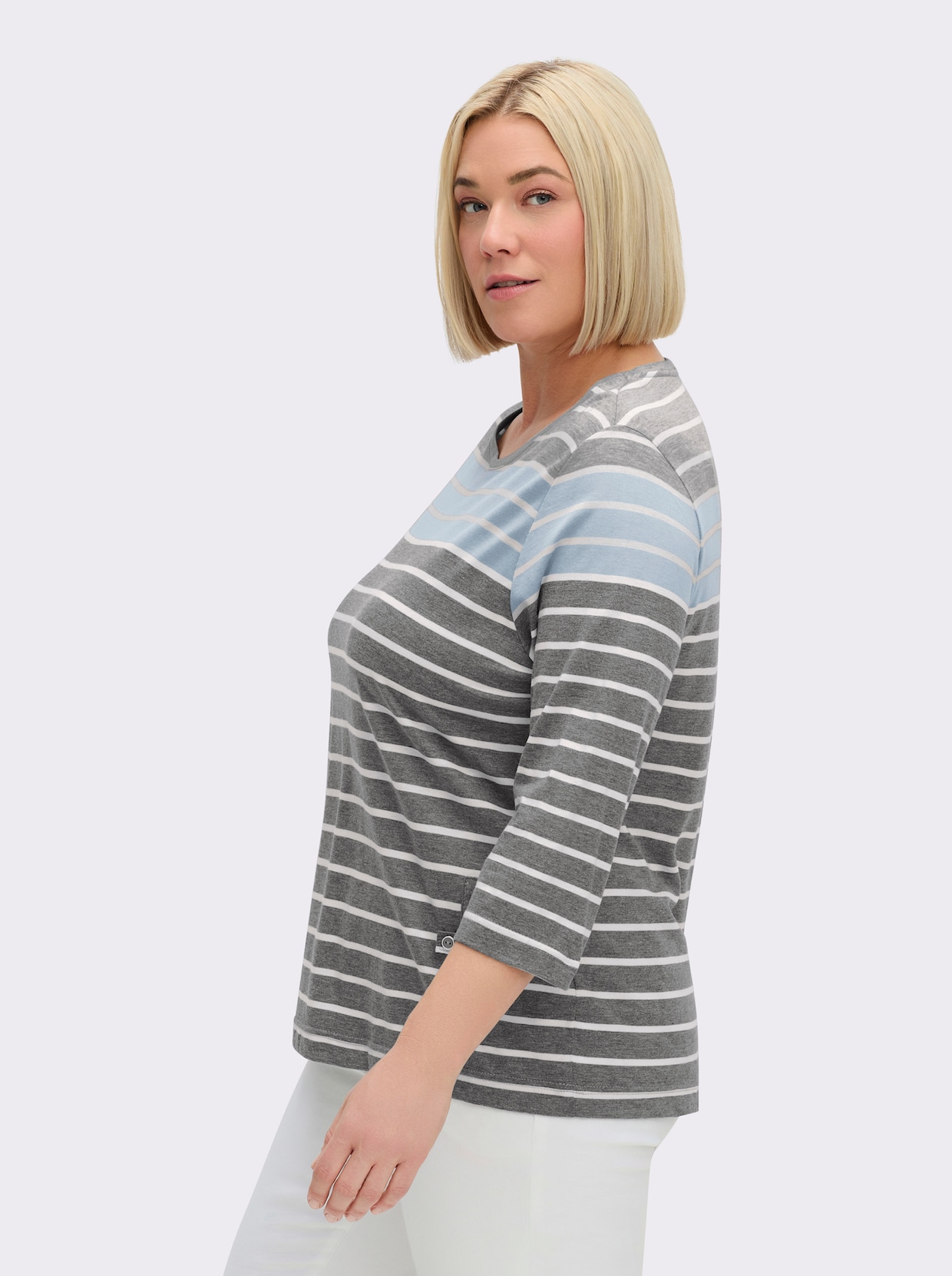 3/4-Arm-Shirt mit 2 imitierten Taschen - grau-blau-gestreift