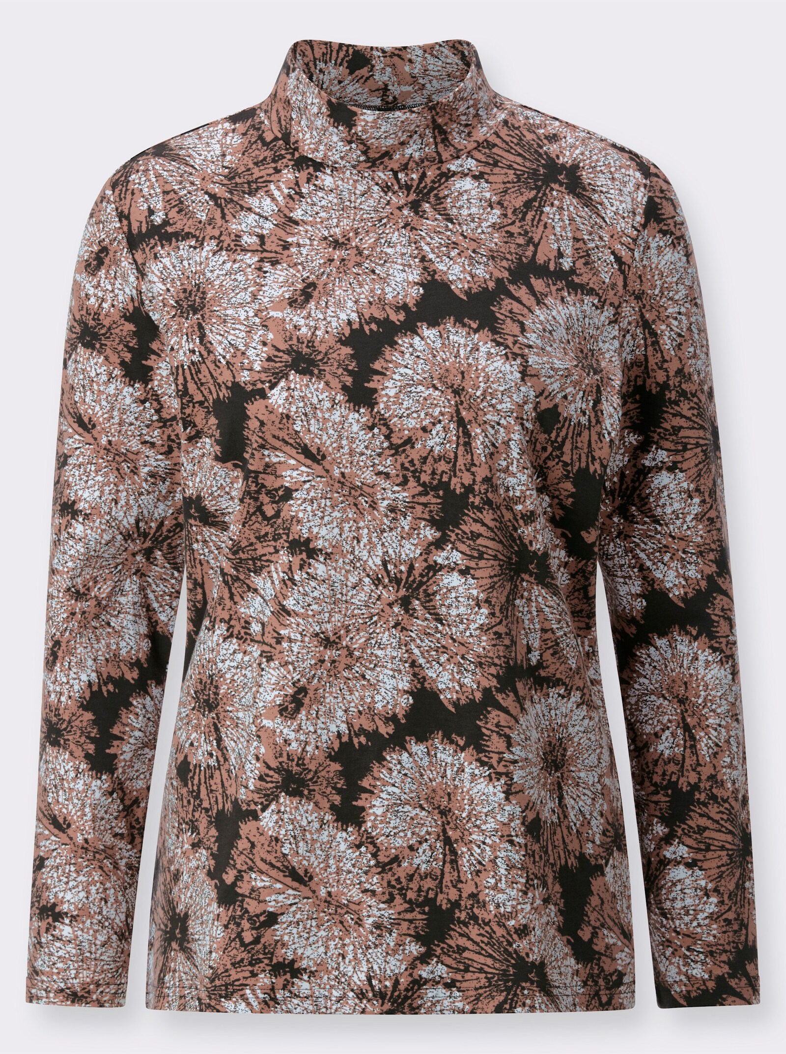 Stehkragenshirt mit Seitenschlitzen - rosenholz-graphit-bedruckt