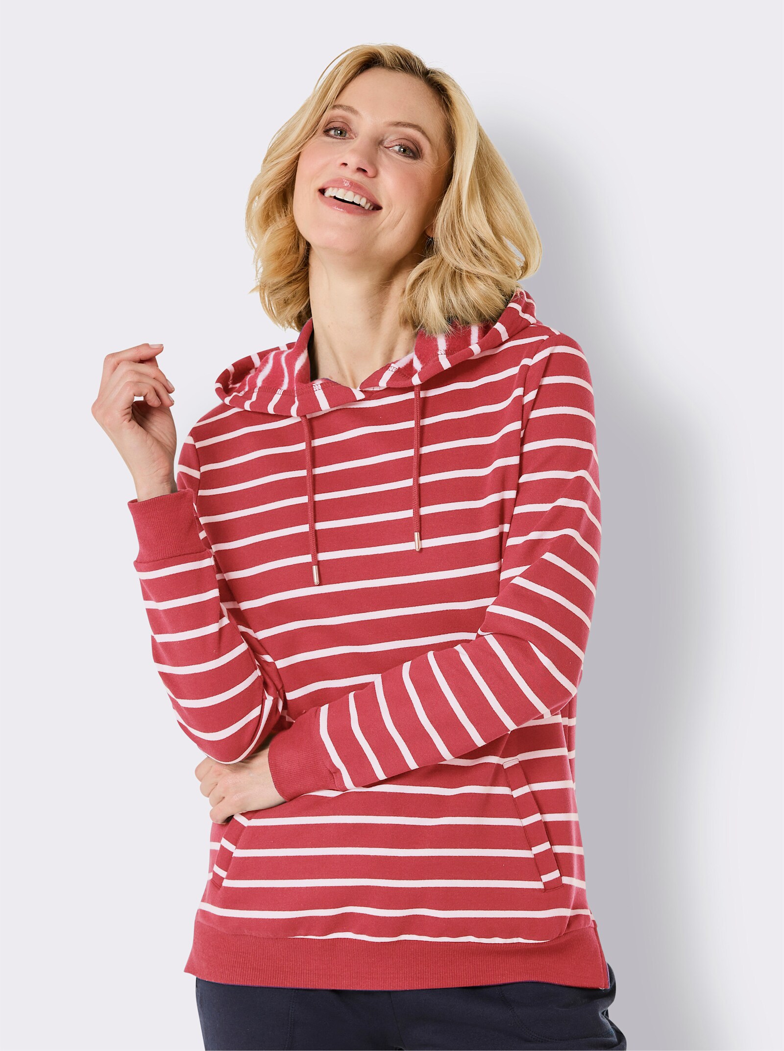 Catamaran Sports Sweatshirt , innen wärmend angeraut - grapefruit-weiss-gestreift