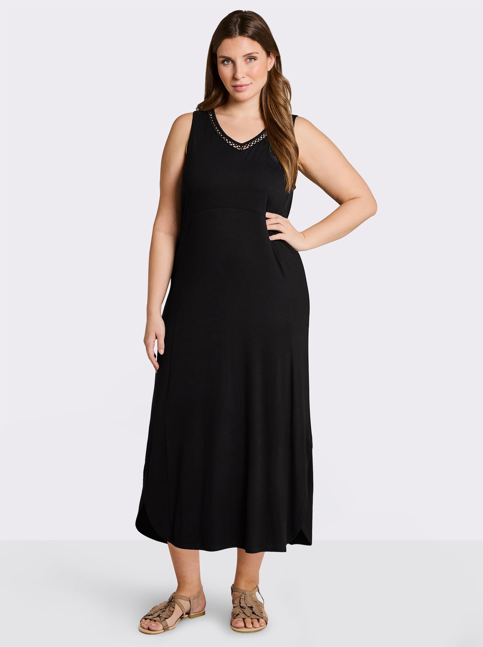 sheego A-Linien-Kleid mit Spitze am Ausschnitt - schwarz