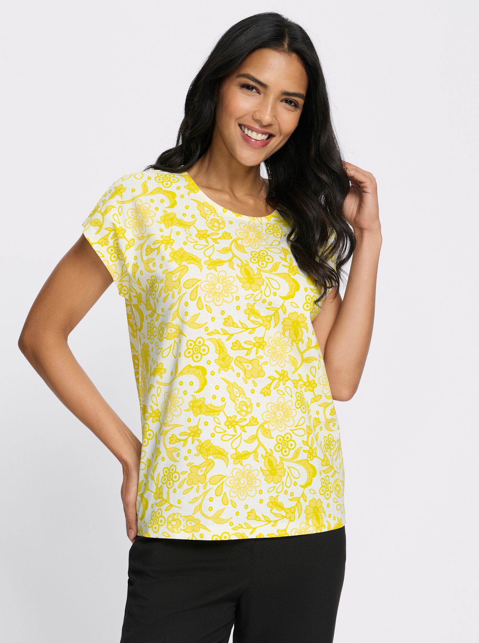 Kurzarmshirt im Paisley-Blüten-Mix - limone-zitrone-bedruckt