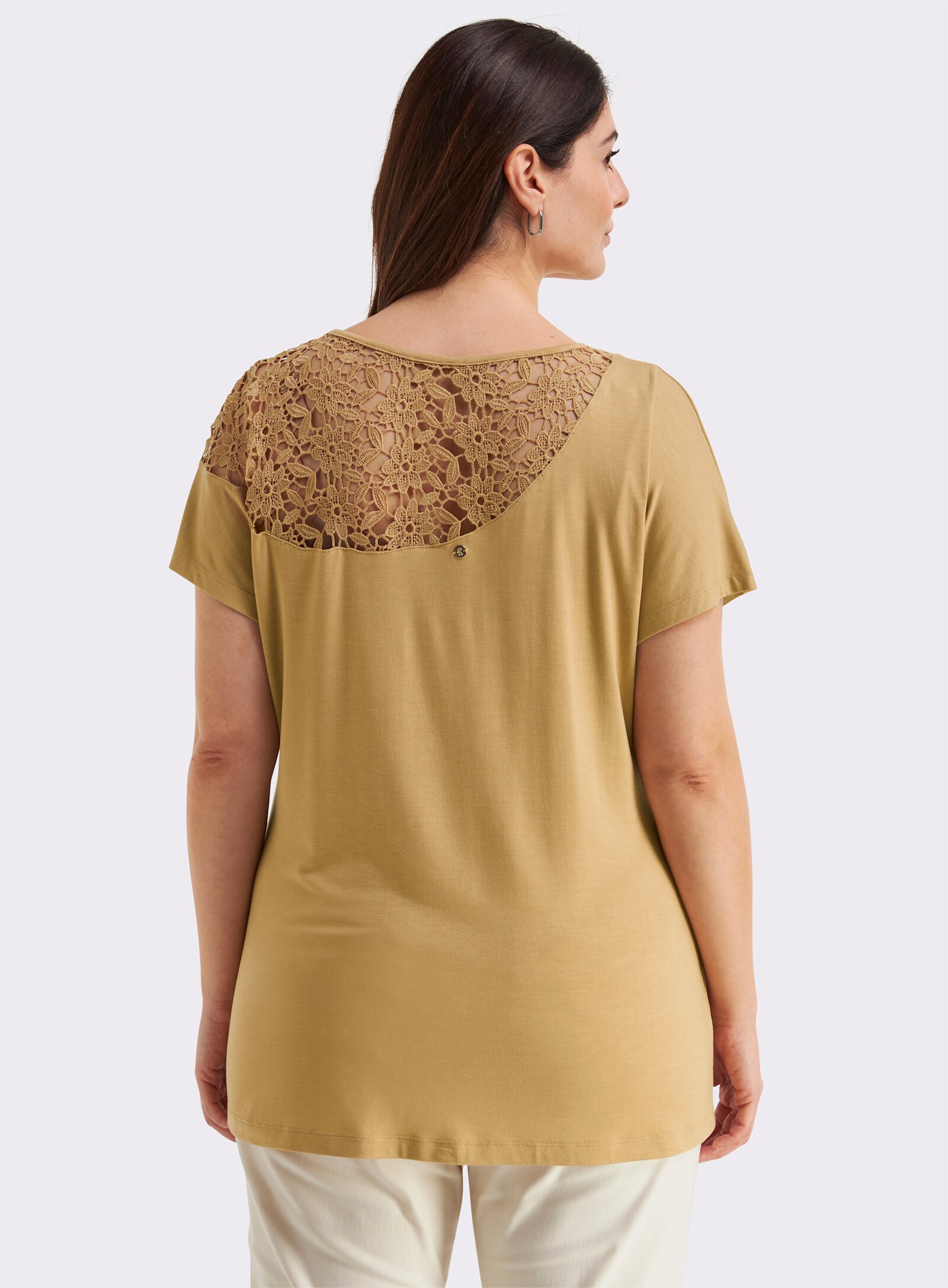 sheego Kurzarmshirt mit floraler Spitze - camel