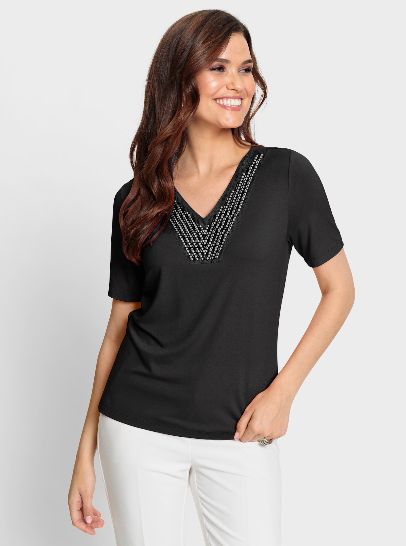Kurzarmshirt mit Zierperlen-Applikation - schwarz