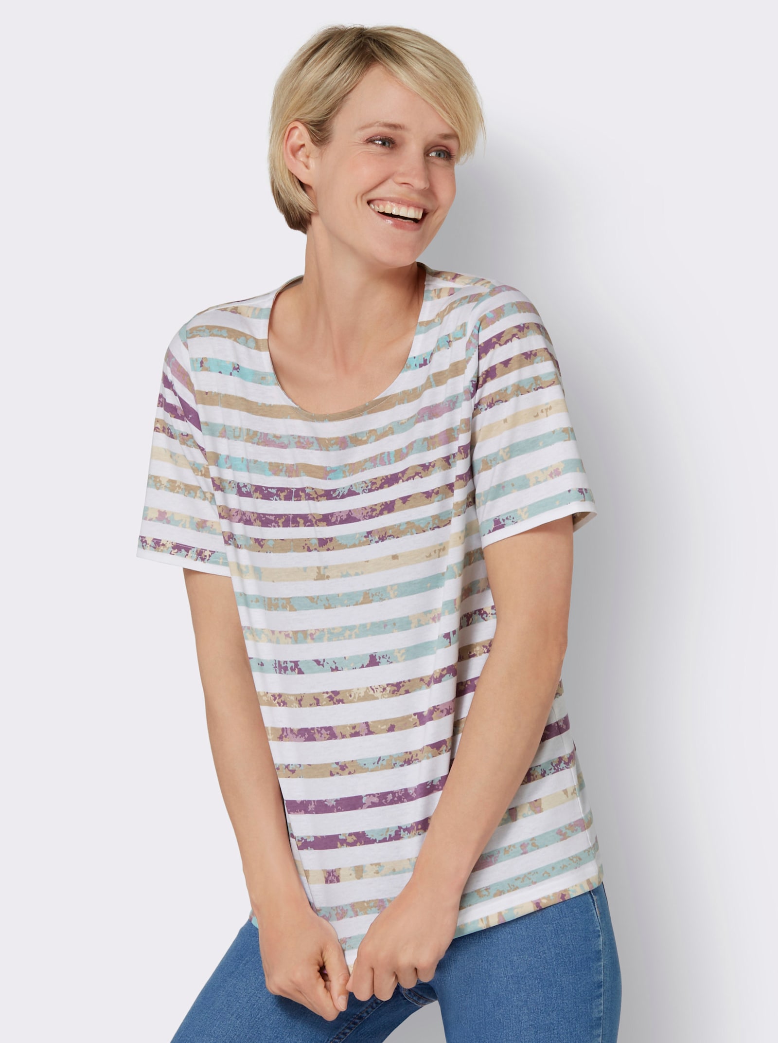 Shirt met korte mouwen en kleurrijk streepjespatroon - ecru/kalkmint bedrukt