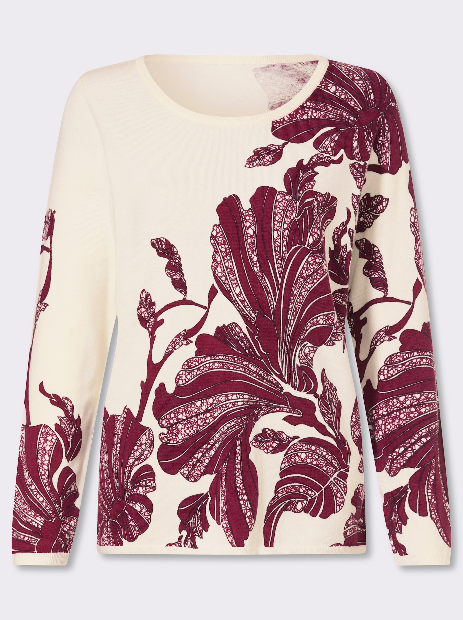 heine Pullover van fijntricot met kunstzinnige bladerprint - champagne/bordeaux bedrukt