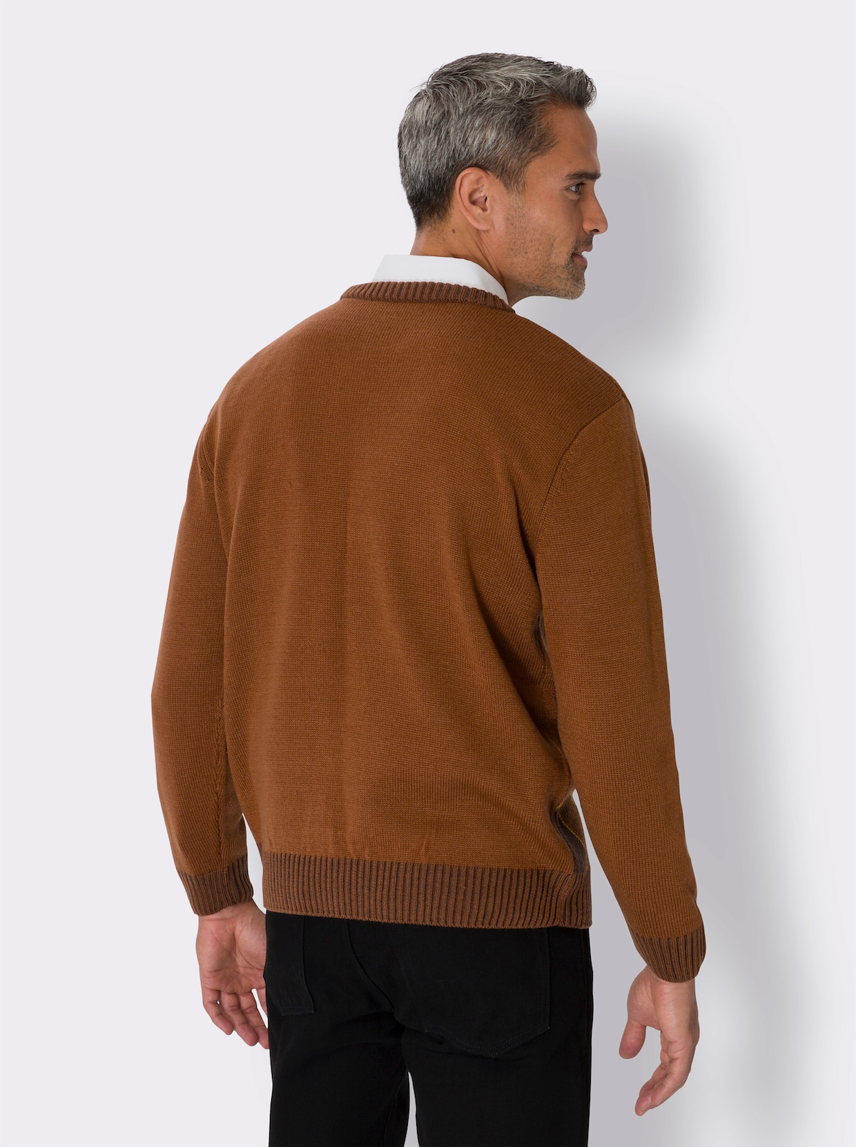 Pullover met ronde hals - cognac/chocolade gedessineerd