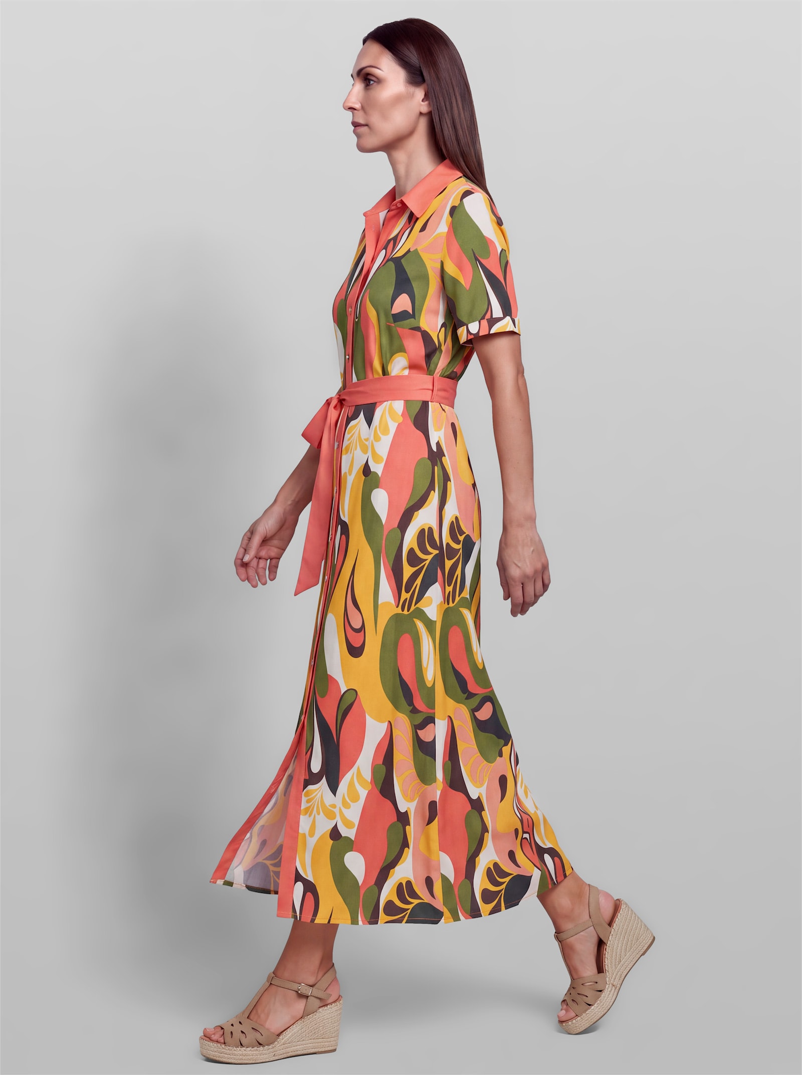 heine Druckkleid mit Bindegürtel - papaya-schoko-bedruckt