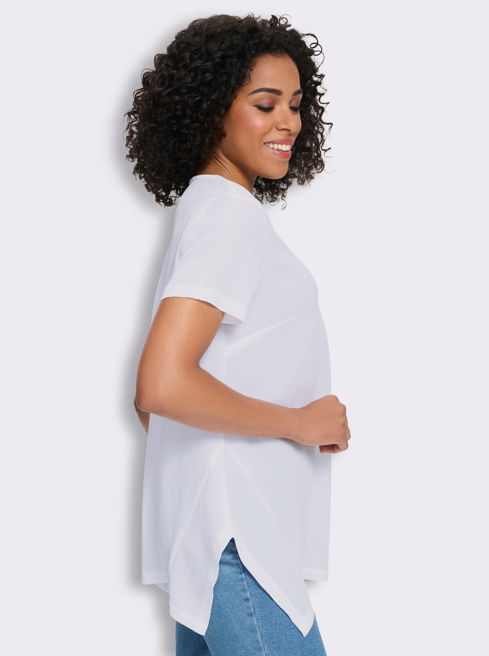 Lange blouse met puntige zoom, onderhoudsarm - ecru