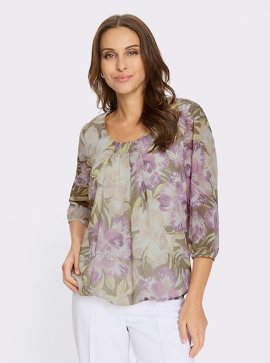 Georgettebluse mit Gummibündchen an Ärmeln und Saum - pistazie-orchidee-bedruckt